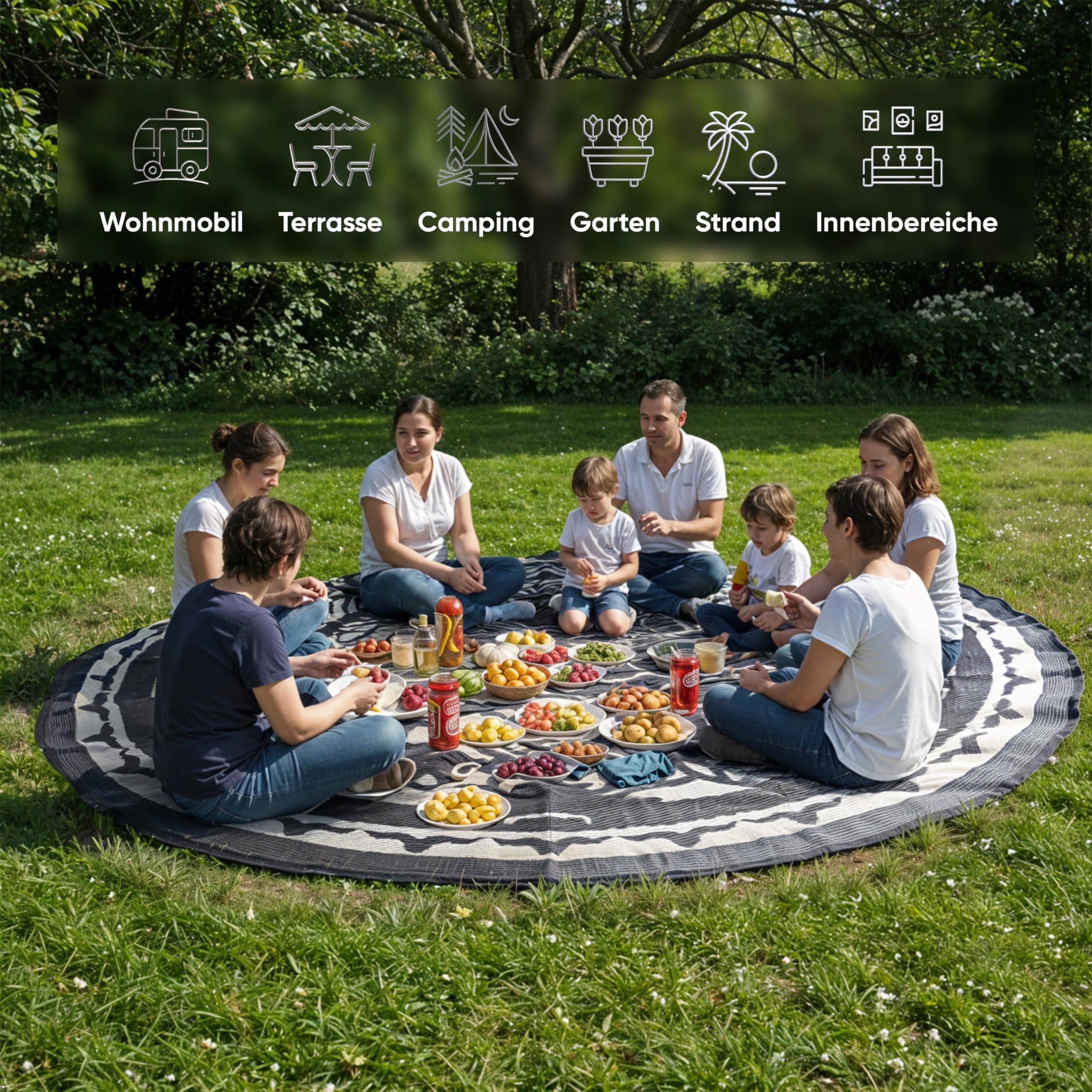 EVOCAMP Outdoor Teppich rund Ø 240 cm, Kunststoffteppich, wetterfest und leicht, Picknickdecke für den Outdoor-Bereich, Vorzeltteppich aus Kunststoff-Fasern, für Terrasse und Balkon (Grau-weiß)