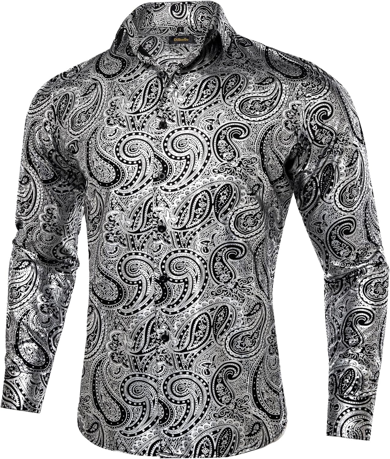 DiBanGu Mens Paisley Dress Shirt Luxury Printed Long Sleeve Button Down Shirts Regular Fit Shiny Shirts for Wedding Prom - Image 2