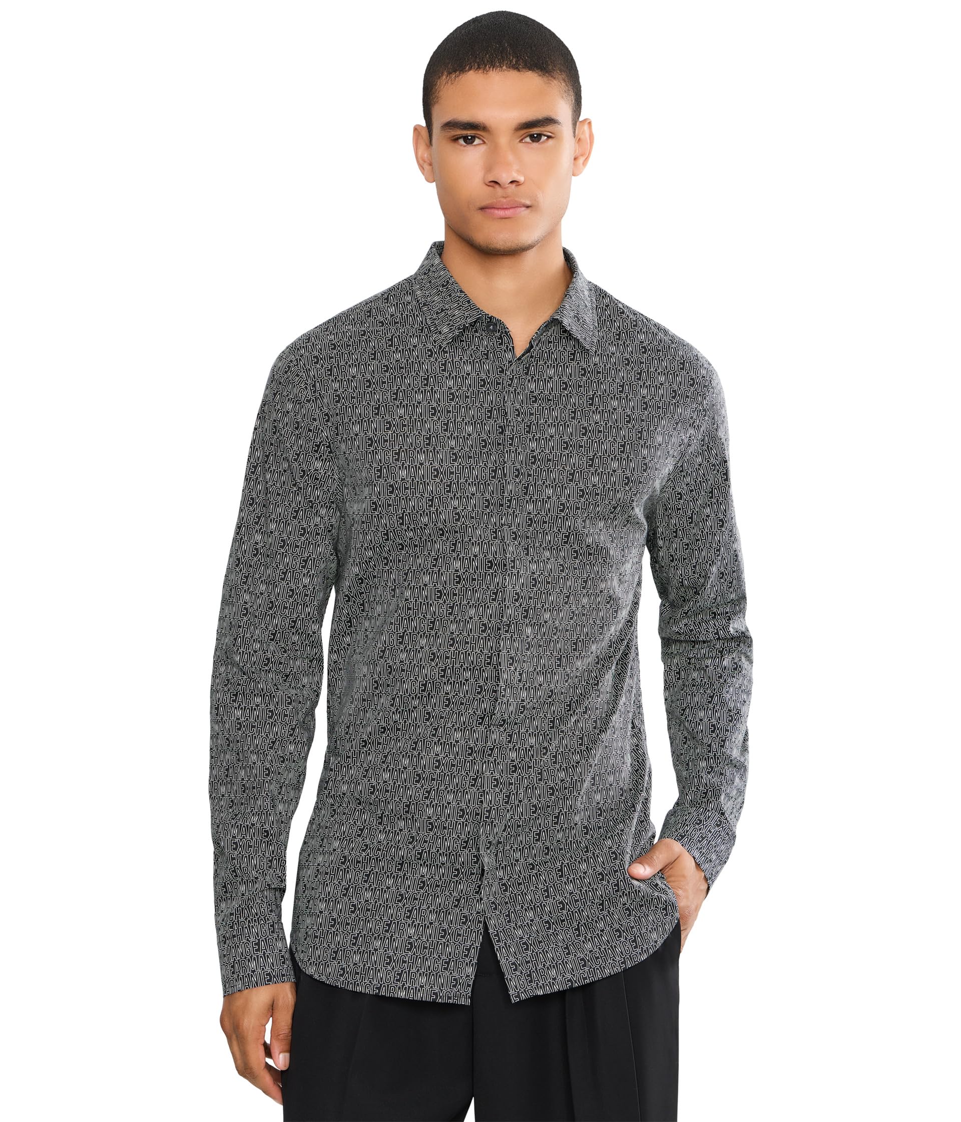Armani Exchange XM000625 AF13184 Camicia Maniche Lunghe, Nero - Bianco - 159578002931_S