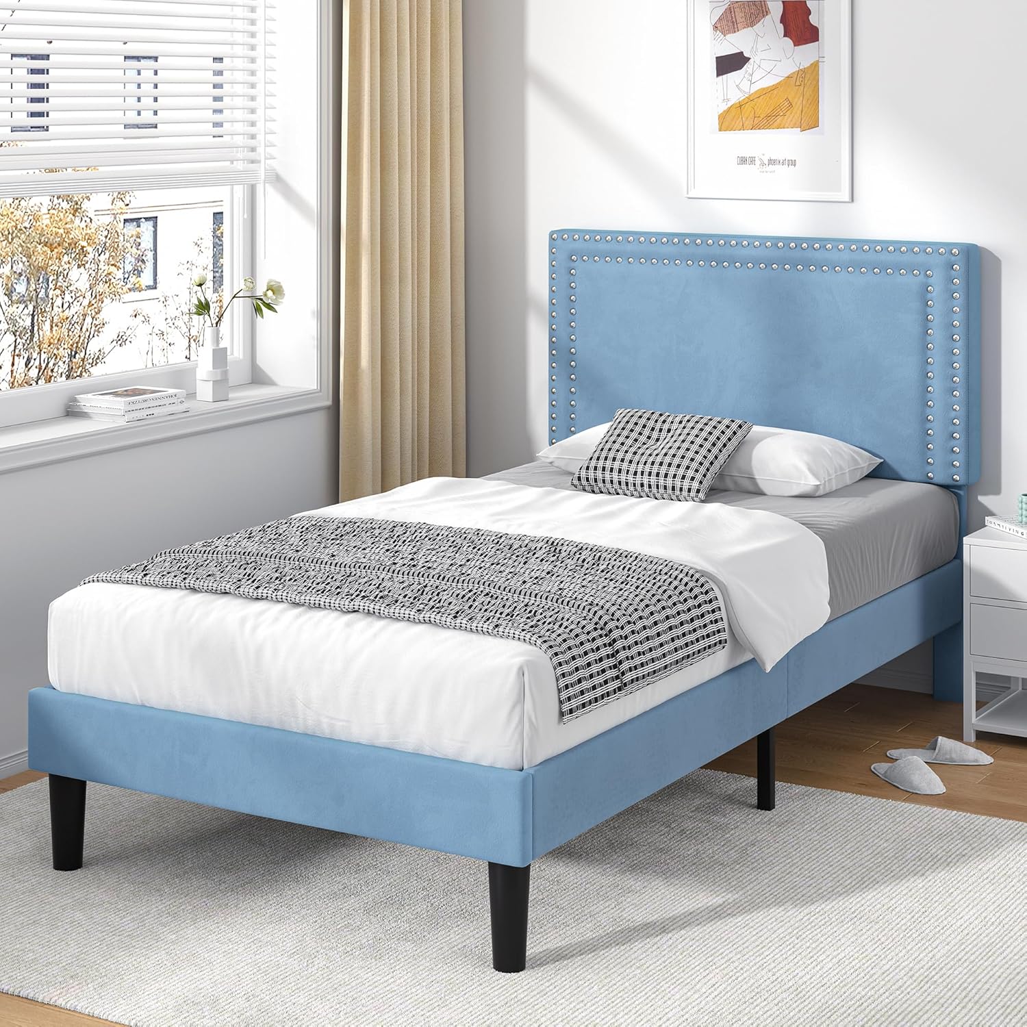 VECELO Twin Size Platform Bed Frame with Adjustable Upholstered Headboard, Strong Wood Slat Support, No Box Spring Needed, Easy Assembly