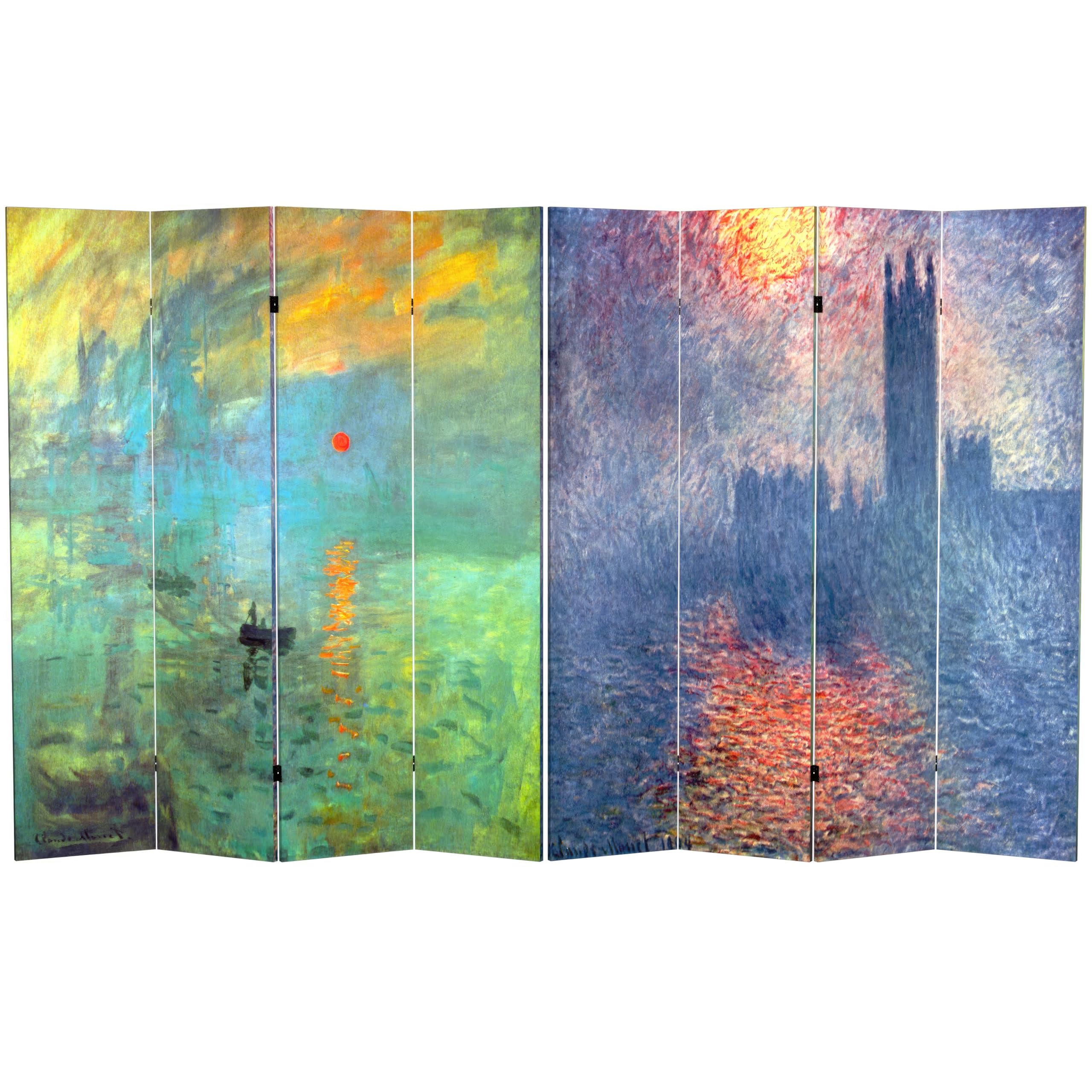 Red Lantern Double Sided Works of Monet Canvas Impression Sunrise/Houses of Parliament Room Divider, 6 ft Tall - 4 Panel, Multi Color