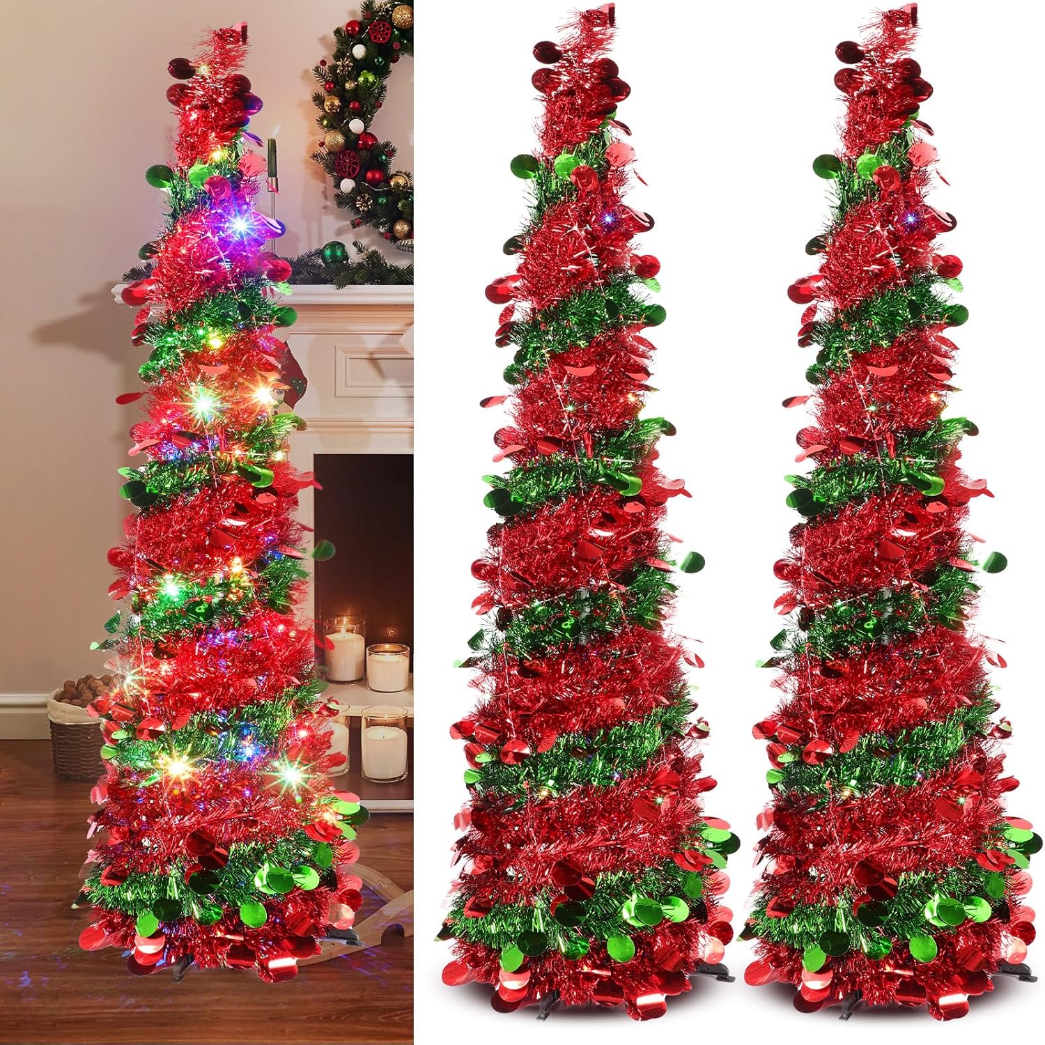 Liliful 2 Pieces 5 ft Pop up Christmas Tree with 50 Led, Red and Green Collapsible Artificial Pencil Tinsel Xmas Trees Reusable Christmas Ornament for Fireplace Home Indoor Outdoor Party Decor