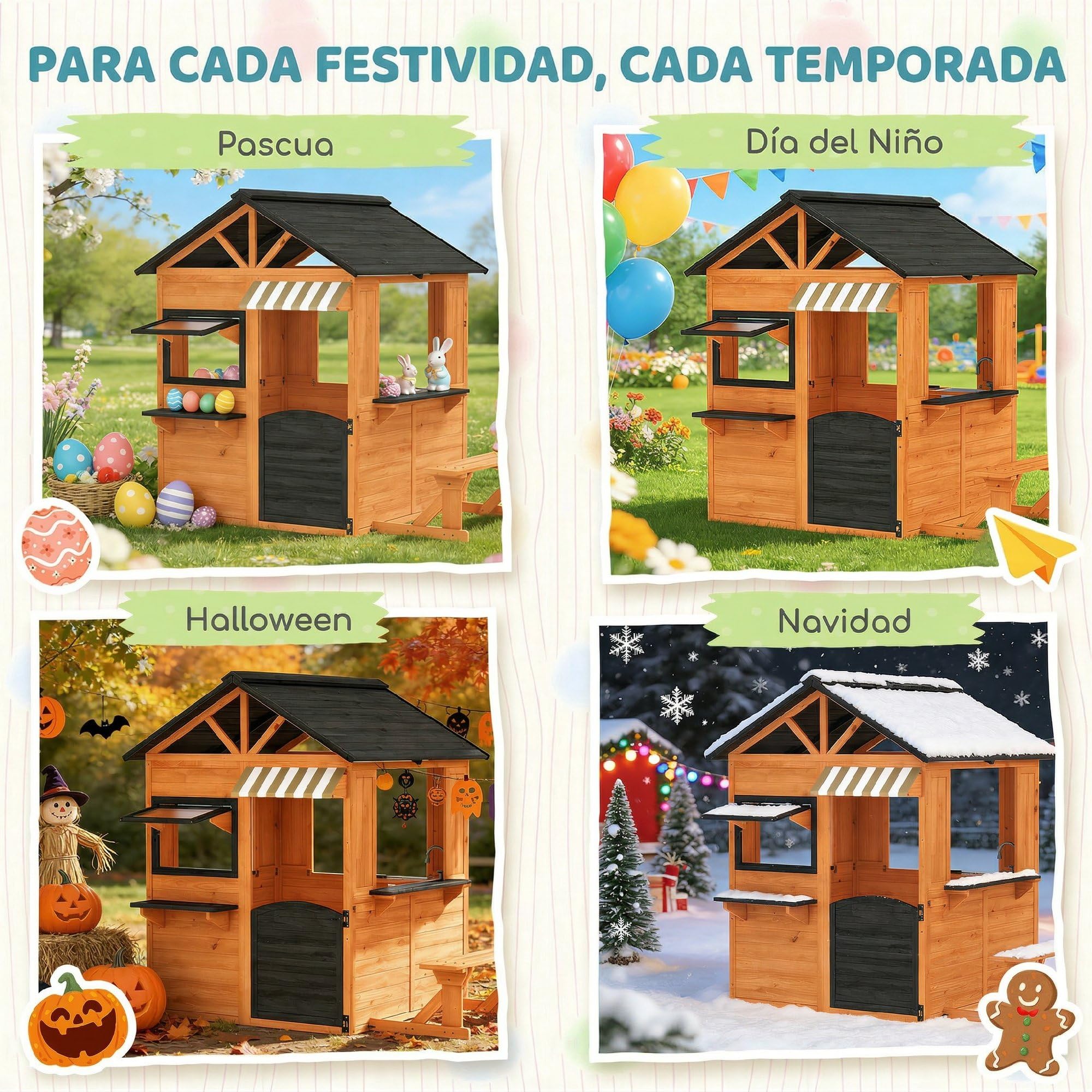 AIYAPLAY Casita Infantil Exterior e Interior de Madera, Casita Infantil Grande con Cocina de Juguete, Banco de Picnic, Ventanas de Servicio, Media Puerta, Casa de Jardín para Niños de 3-8 Años, Marrón