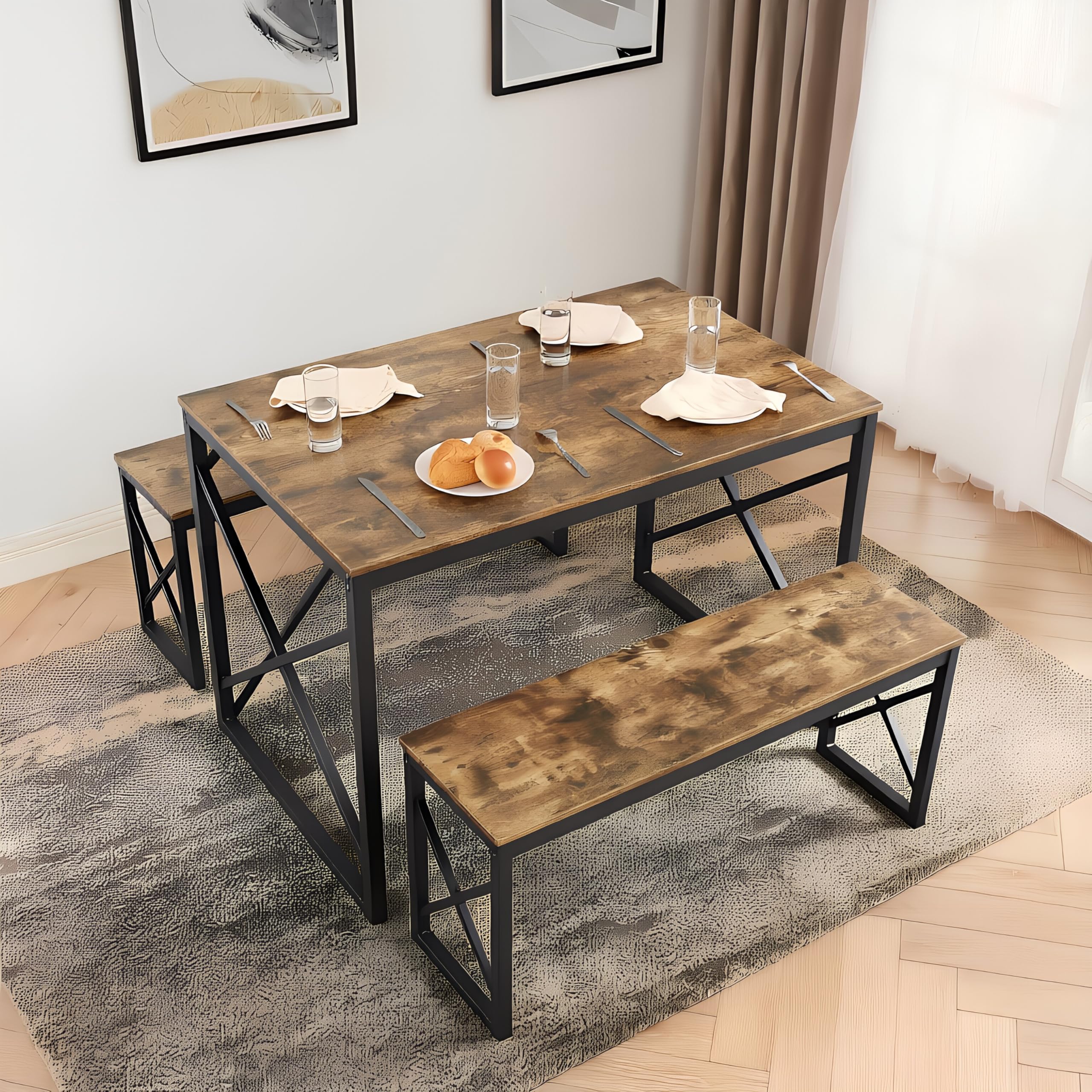 VECELO 43.3" Dining Table Set for 4 with 2 Benches