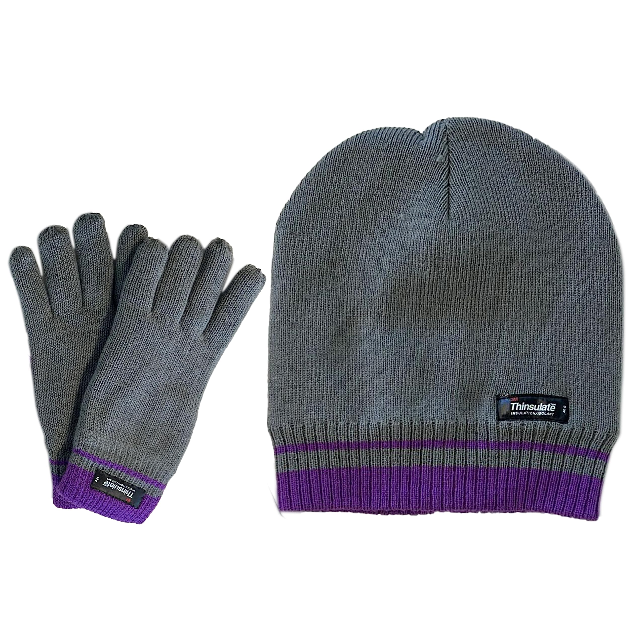 Heatwave Thermalwear Women's Grey/Lilac Heatwave Hats For & Gloves Set Stripe Design With 3M Thinsulate Insulation Thermal Beanie Hat Fleece Knitted Warm Classical Outdoor Winter Gift,