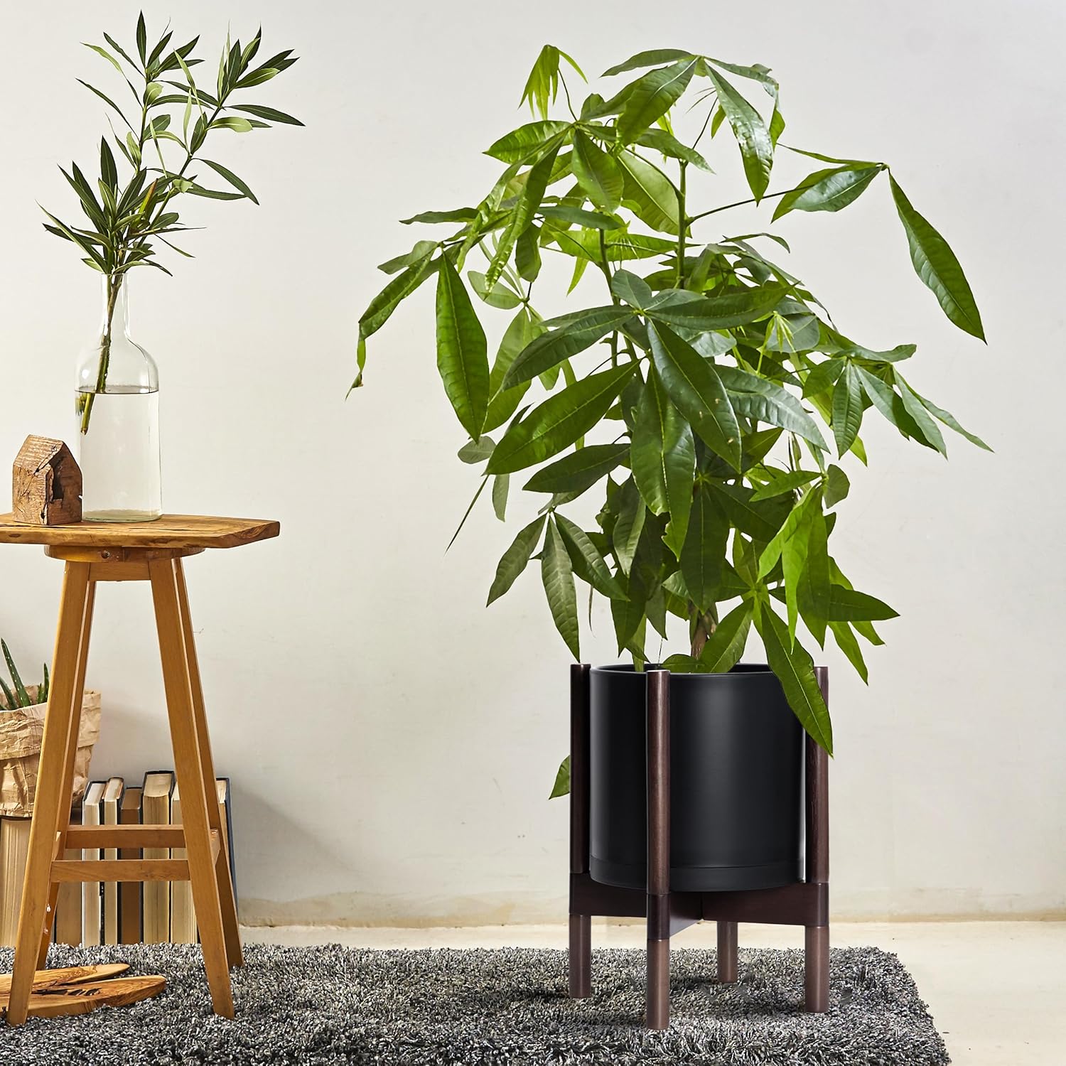 D'vine Dev Planter Pot with Stand - 10 Inch Plastic Cylinder Flower Pot with Wood Planter Holder for Indoor, Matte Black Pot + Walnut Color Stand, 55-C-L-2 - Image 4