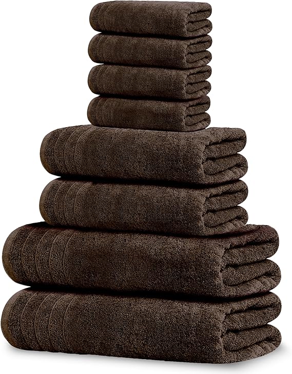 Pack of 8 Towels Set, 2 Extra Large Bath, 2 Hand, 4 Washcloths, 100% Cotton, Lighter Weight, Quicker to Dry, Super Absorbent, Perfect for Bathroom, Brown