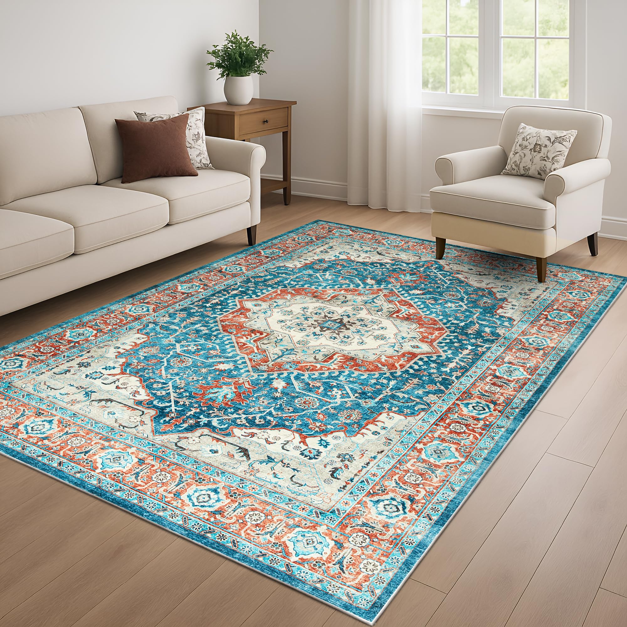 BedLooms Machine Washable Rugs Living Room Large 160x230 cm, Orange Teal Area Rugs for Bedroom Short Pile Non Slip Carpets Traditional Floral Vintage Design Boho Rug Plush Carpet (Regal)