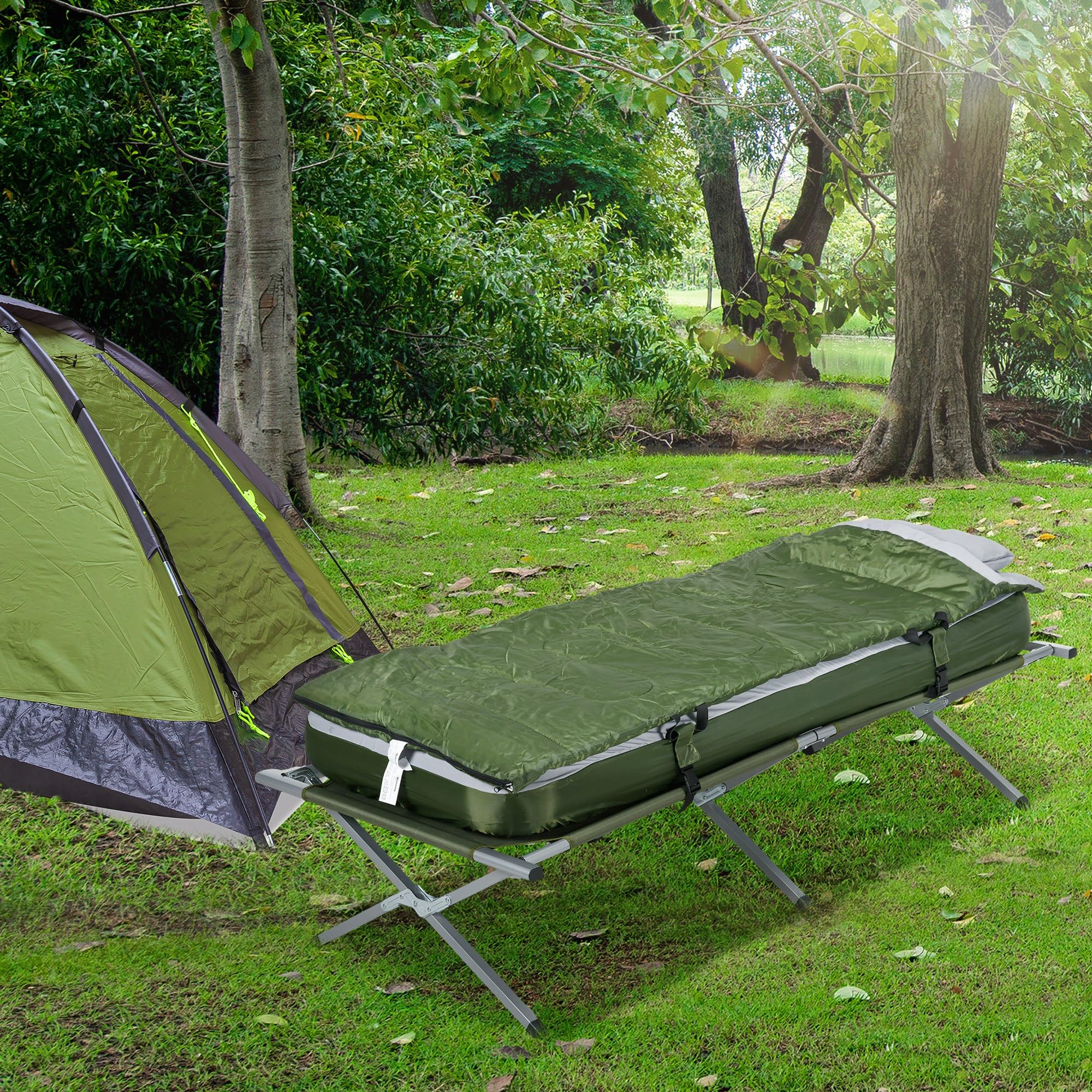 Camping Cot, Portable Folding Bed, with Air Mattress, Sleeping Bag, Pillow & Carry Bag for Travel Camping, Hiking & Beach