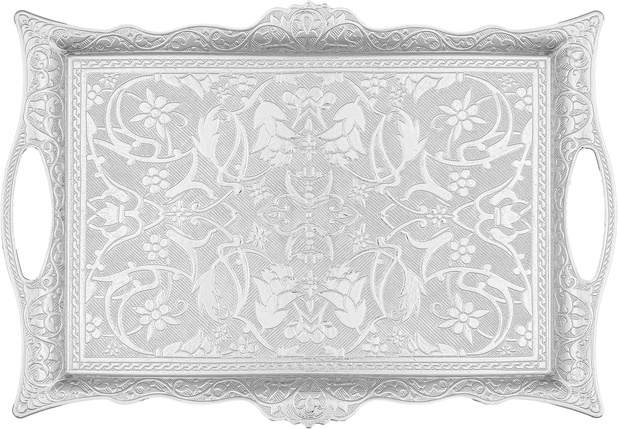 Alisveristime Ottoman Turkish Zamak Serving Tray with Traditional Motifs, Ideal for Coffee and Tea - Six Person Tray (14.5 x 9.85 in) (Silver)