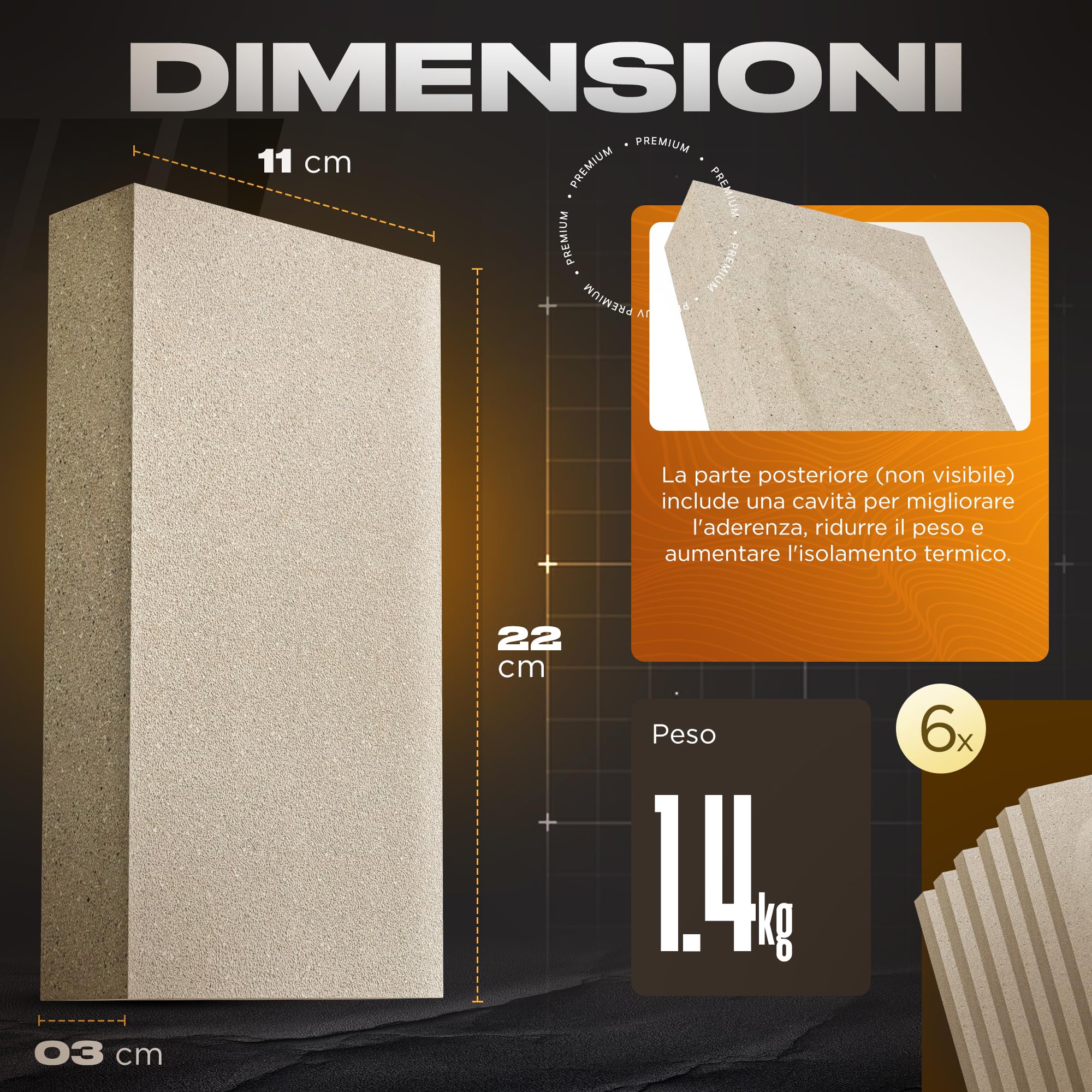 Pack 6 Mattoni Refrattari 22 x 11 x 3 cm | Realizzati in Argilla Refrattaria | Mattoni Refrattari per Forno a Legna Perfetti per Camini, Forni e Barbecue