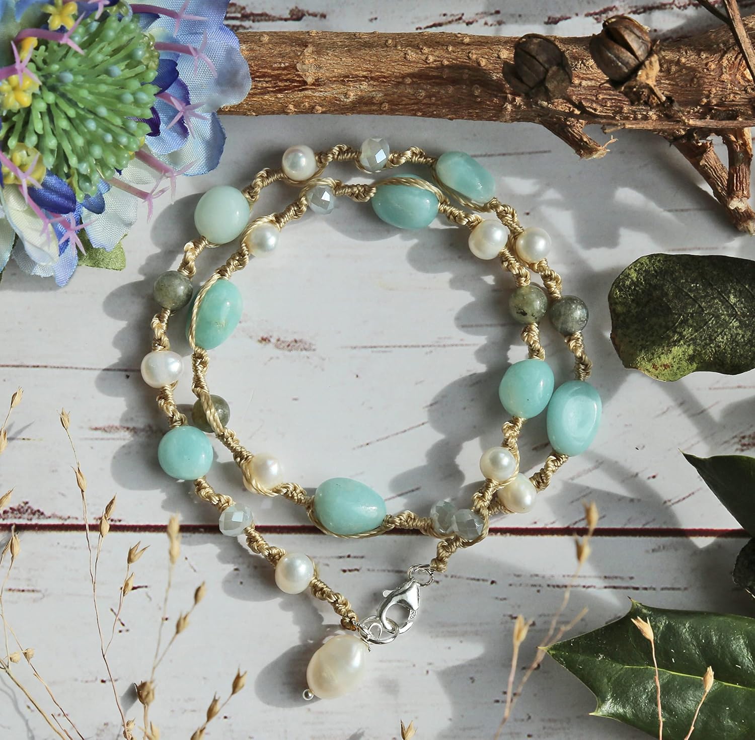 MGR 14-16" Genuine Picture Jasper, Black Onyx, Purple Jade and Amazonite MGR Hand-woven Choker/Bracelet For Women