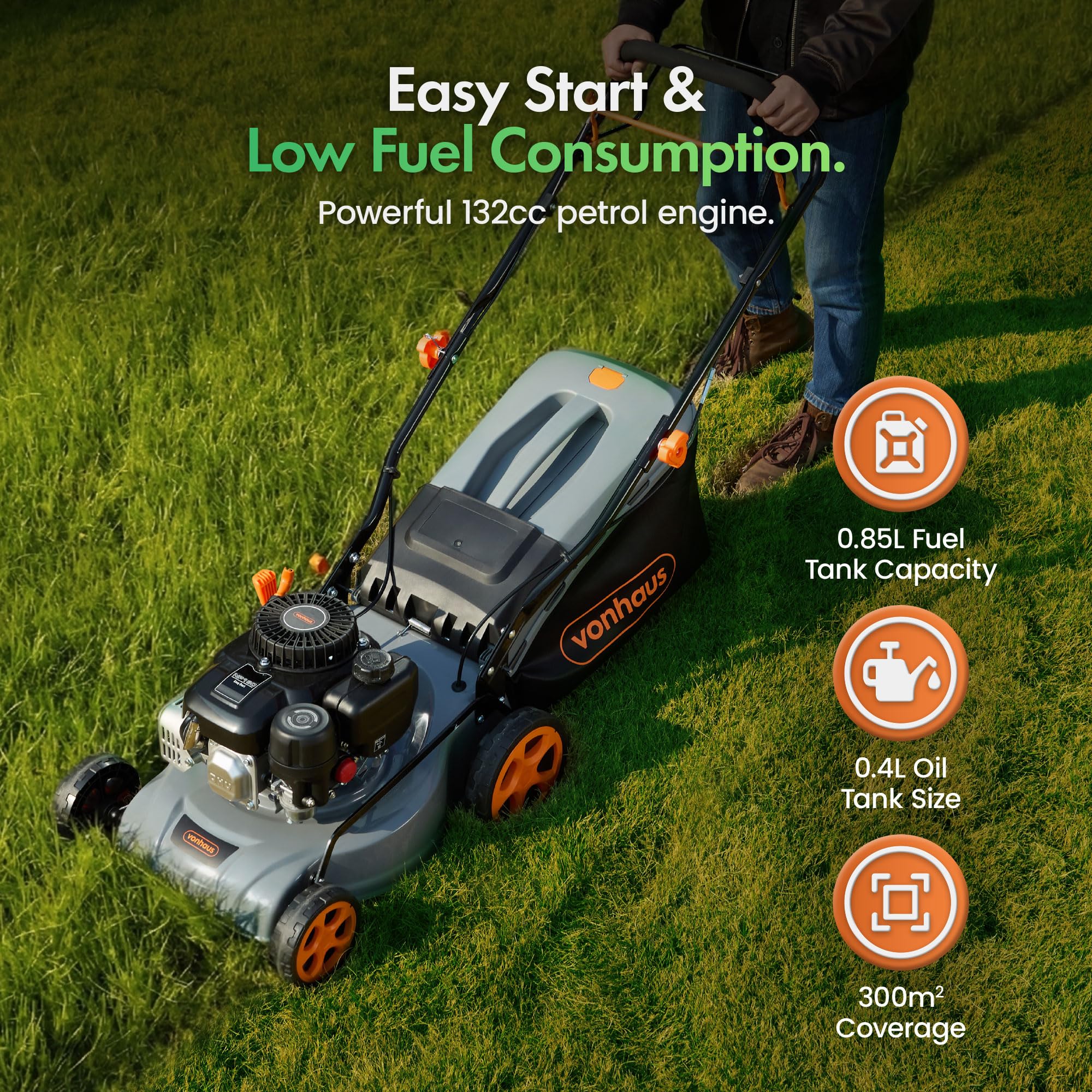 VonHaus Petrol Lawnmower 132cc – Self Propelled Lawn Mower for All Types of Grass/Gardens – 40L Collection Bag, 40cm Working Width, 7 Height Settings — view 2