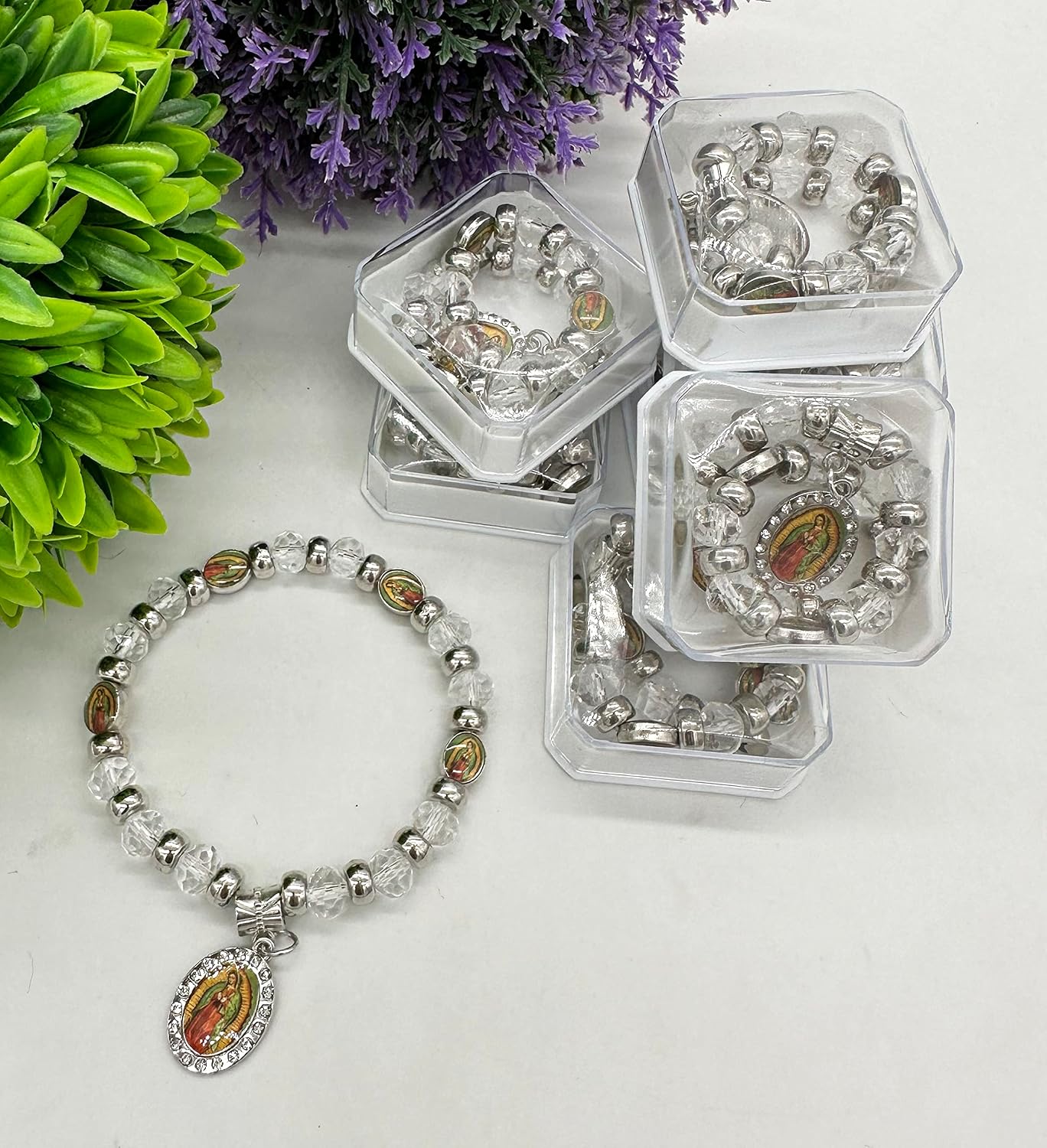 Virgen De Guadalupe Crystal White Rosary Beaded Bracelet Recuerdos de Bautizo Primera Comunion, Our Lady of Guadalupe Party Favor - 12 PCS