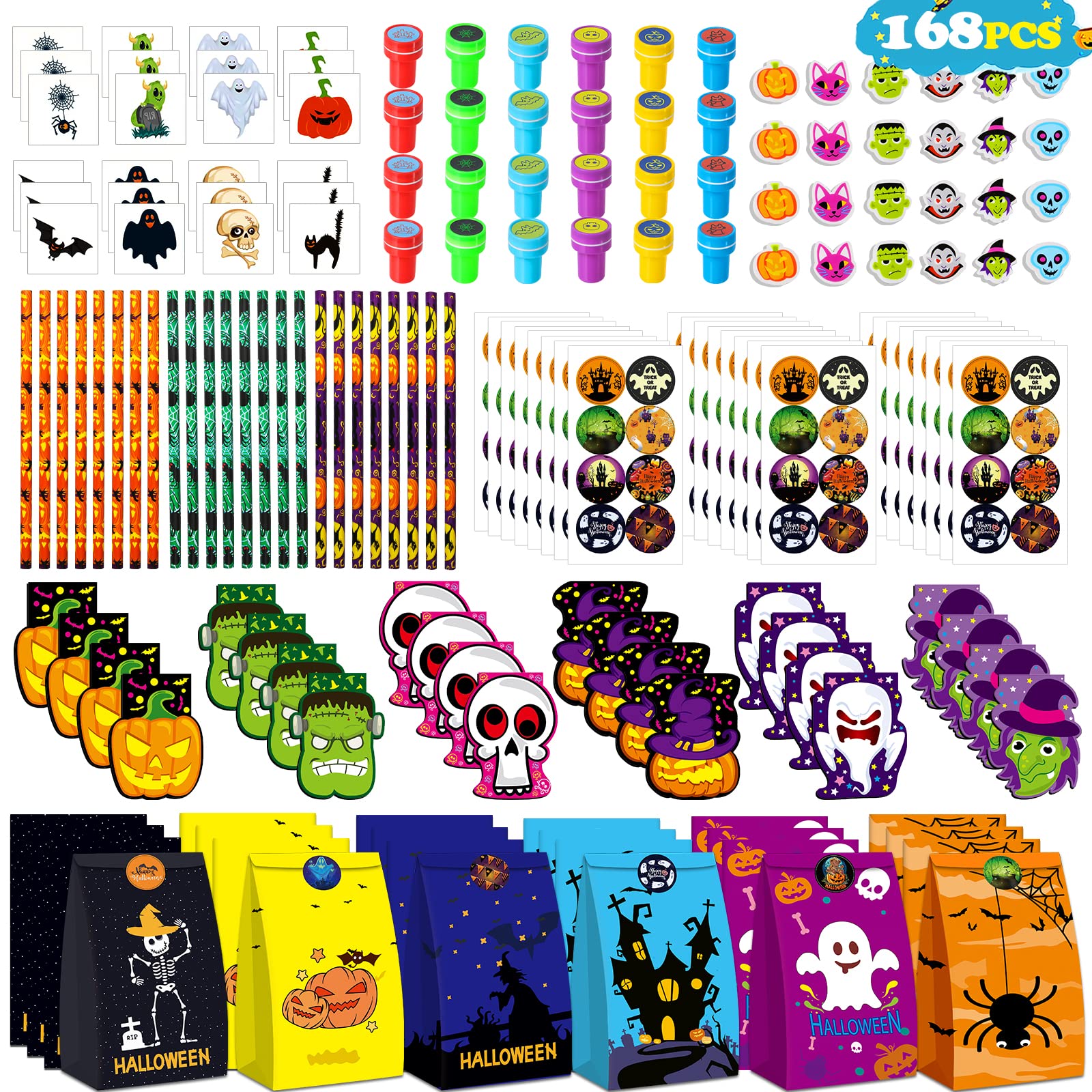 OCHIDO Halloween Party Favors for Kids-168pcs Stationery Gift Kit,Halloween Goodie Bags Fillers Bulk,Trick Or Treat , Halloween Bag,Pencil, Eraser, Notepad, Stamper, Sticker and Temporary Tattoos