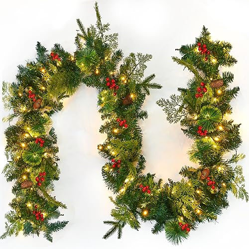 Guirnalda de Navidad de 9 pies con luces, guirnalda preiluminada para decoración de Navidad para escaleras, barandilla con bayas y piñas, guirnalda