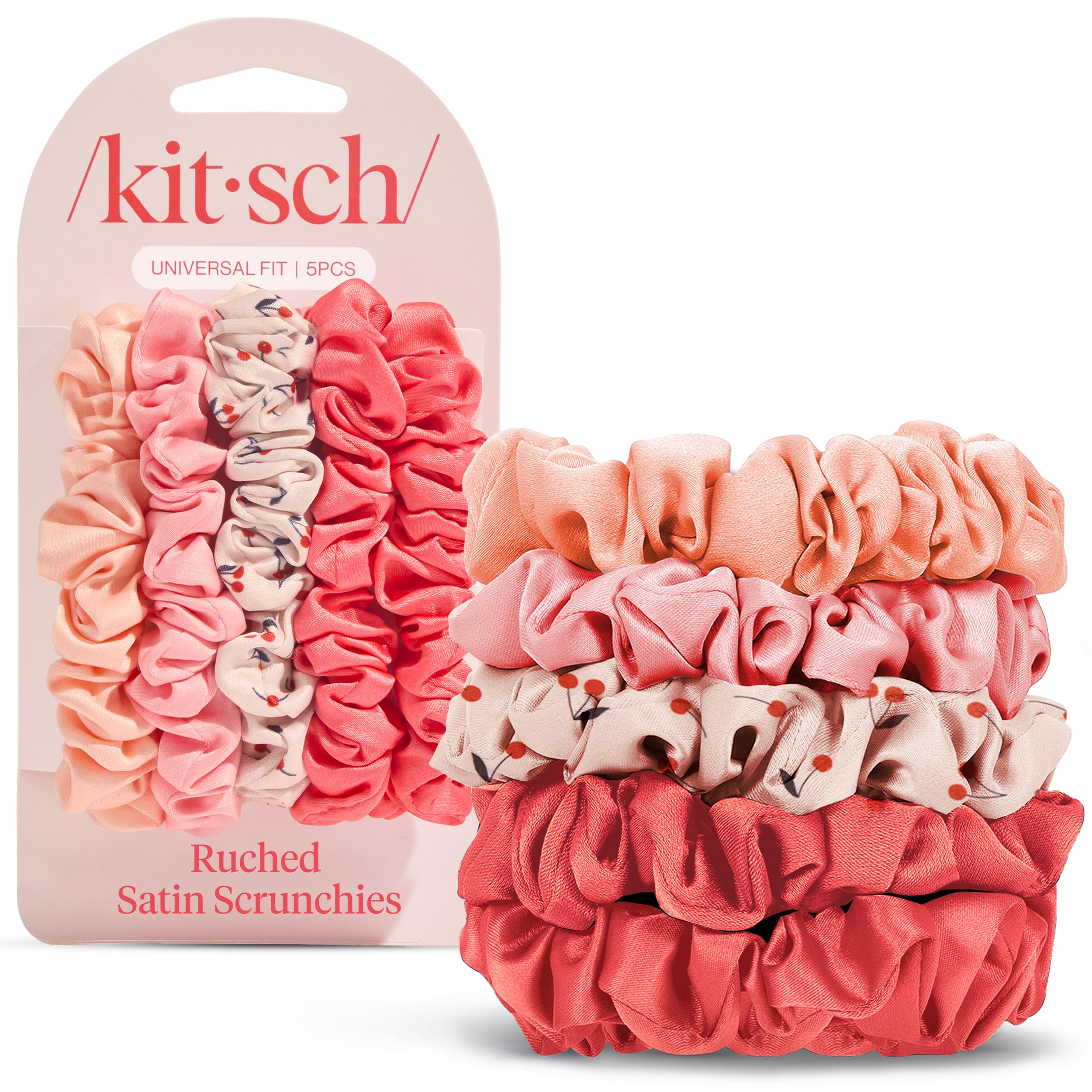 Kitsch Satin Scrunchies for Women - No Crease Hair Ties for Girls | Scrunchies For All Hair Types and Textures, Perfect for Day or Night | Ideal Gifts for Women - Assorted Cherry Blossom, 5pcs