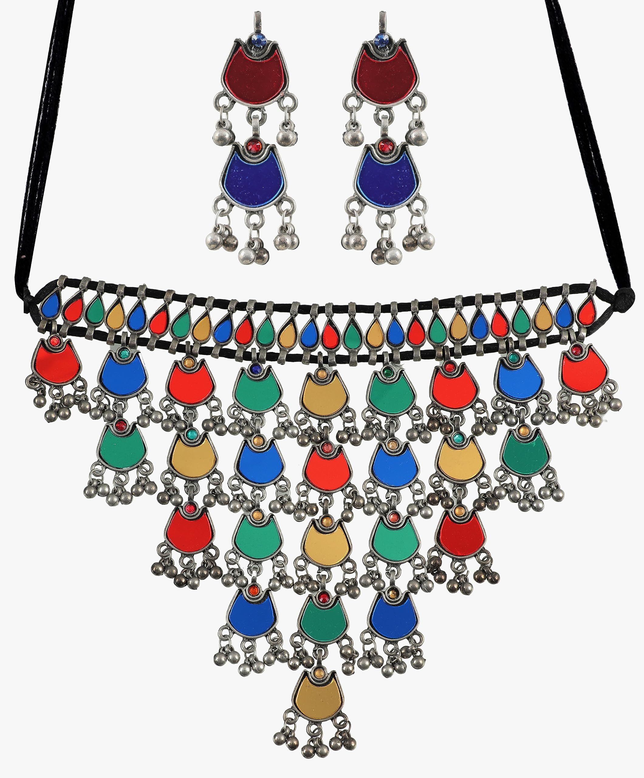 Ethnic Designer Oxidised Silver Antique Afghani Traditional Mirror Tassel Necklace Choker Earrings Jewelry Women Girls (Multi) (B0C7CM5YWV) Amazon Price History, Amazon Price Tracker