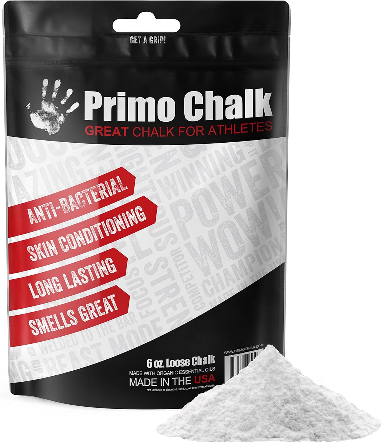 Primo Chalk Resealable Bag: Loose Chalk for Weightlifting, Rock Climbing, & Gymnastics, Made in The USA, Chalk Ball Refill for Superior Grip