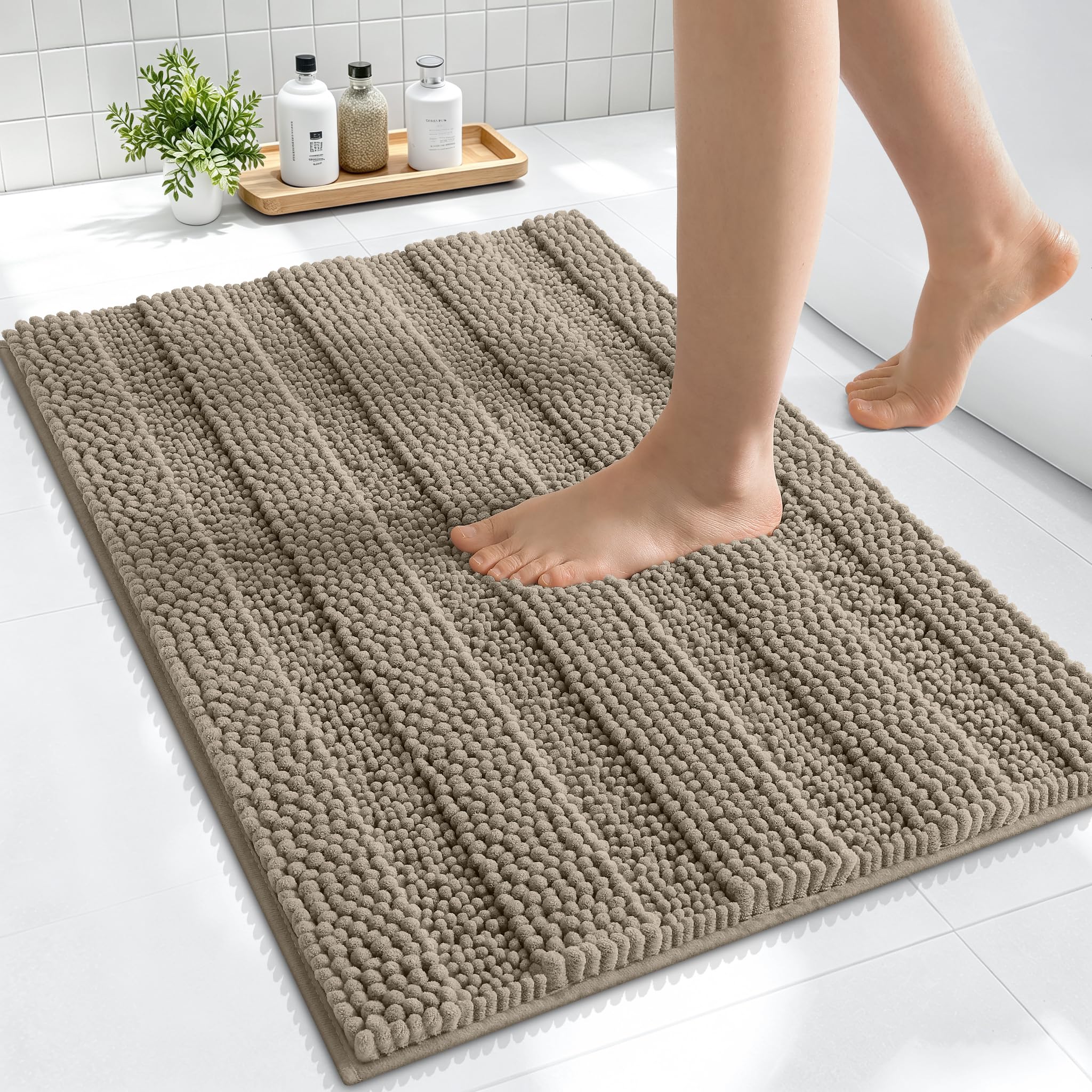 Smiry Thick Small Chenille Bathroom Rugs 24x16, Soft Bath Mat, Warm Taupe