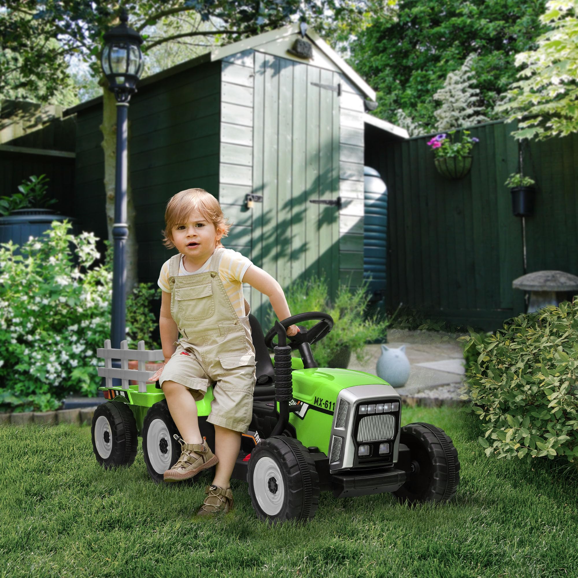 HOMCOM Elektrischer Traktor mit Anhänger 2,4G Fernbedienung 3-6KM/H Grün | Kinder Aufsitztraktor, Kinder Elektroauto mit MP3 Funktion, Kinderfahrzeug mit Scheinwerfer, für 3-6 Jahre