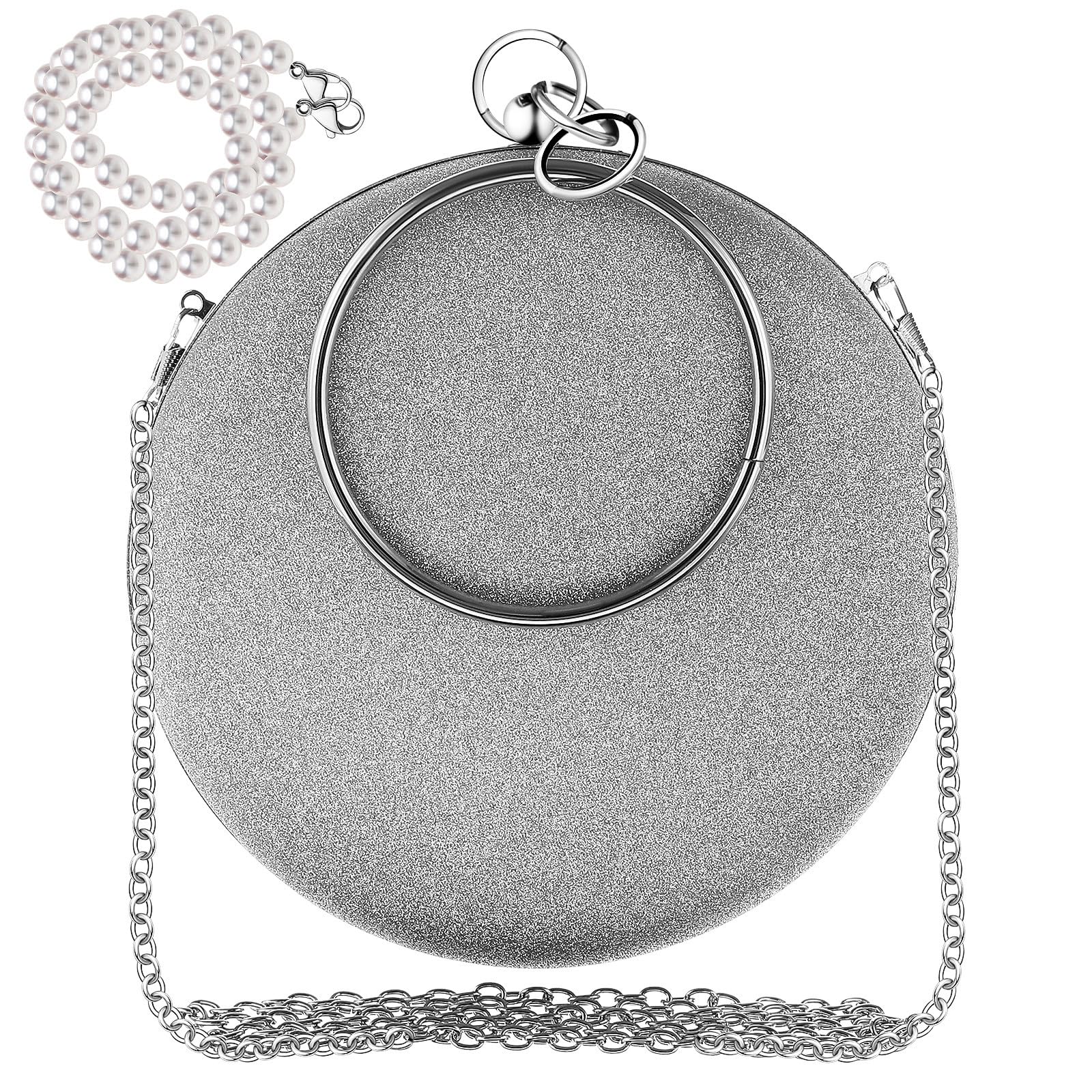 Abendclutch und Rundem Ring aus Pu Leder mit Abnehmbarer Perlenkette Runde in Silber mit Metallkette Damen für Tanz und Party