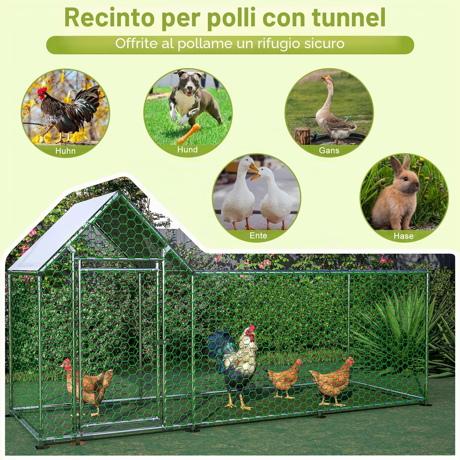 Pollaio per Galline da Esterno, 3x1x1.5m Recinto per 8-12 Galline in Acciaio Zincato, Gabbia per Polli con Tetto Impermeabile Anti-UV Mangiatoia Serratura per Piccoli Animali Conigli Anatre