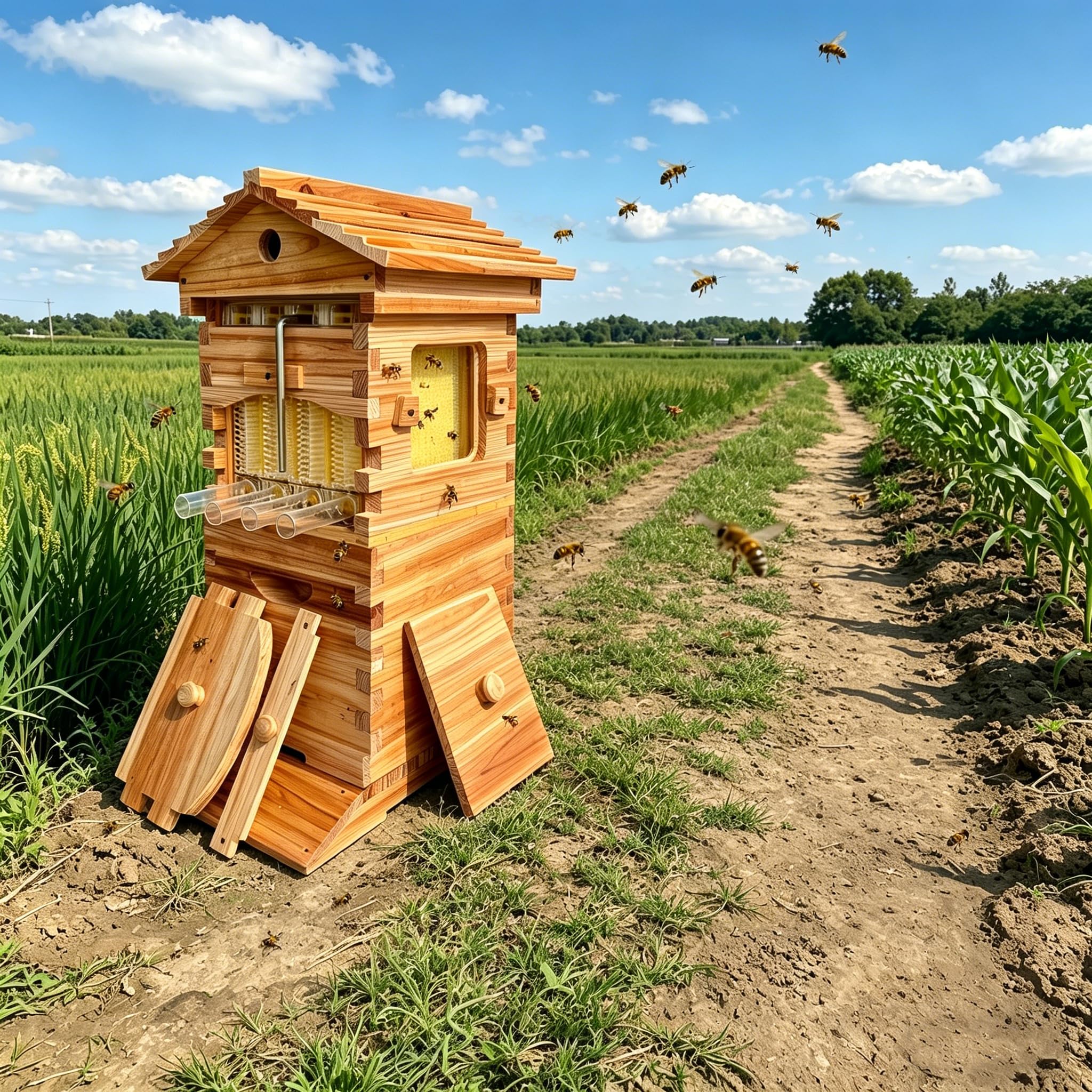forplubossmmp Automatic Self-Flowing Beehive Box Set, Mini Wooden Bee Hive With Observation Window, All-In-One Beekeeping Starter Kit For Backyard Hobbyists & New Beekeepers