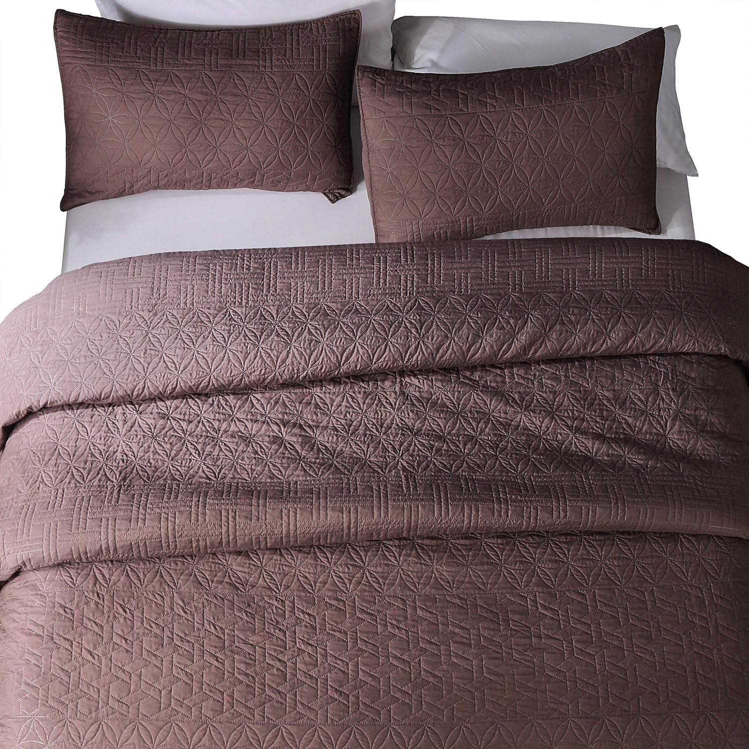 Pre-Washed Super Soft 3 Pieces Quilt, Coverlet Set, Trendy Pattern, King Set and Queen Set Available in Solid Colors, Good for All Seasons. (Jayden Deep Taupe, Queen Set)