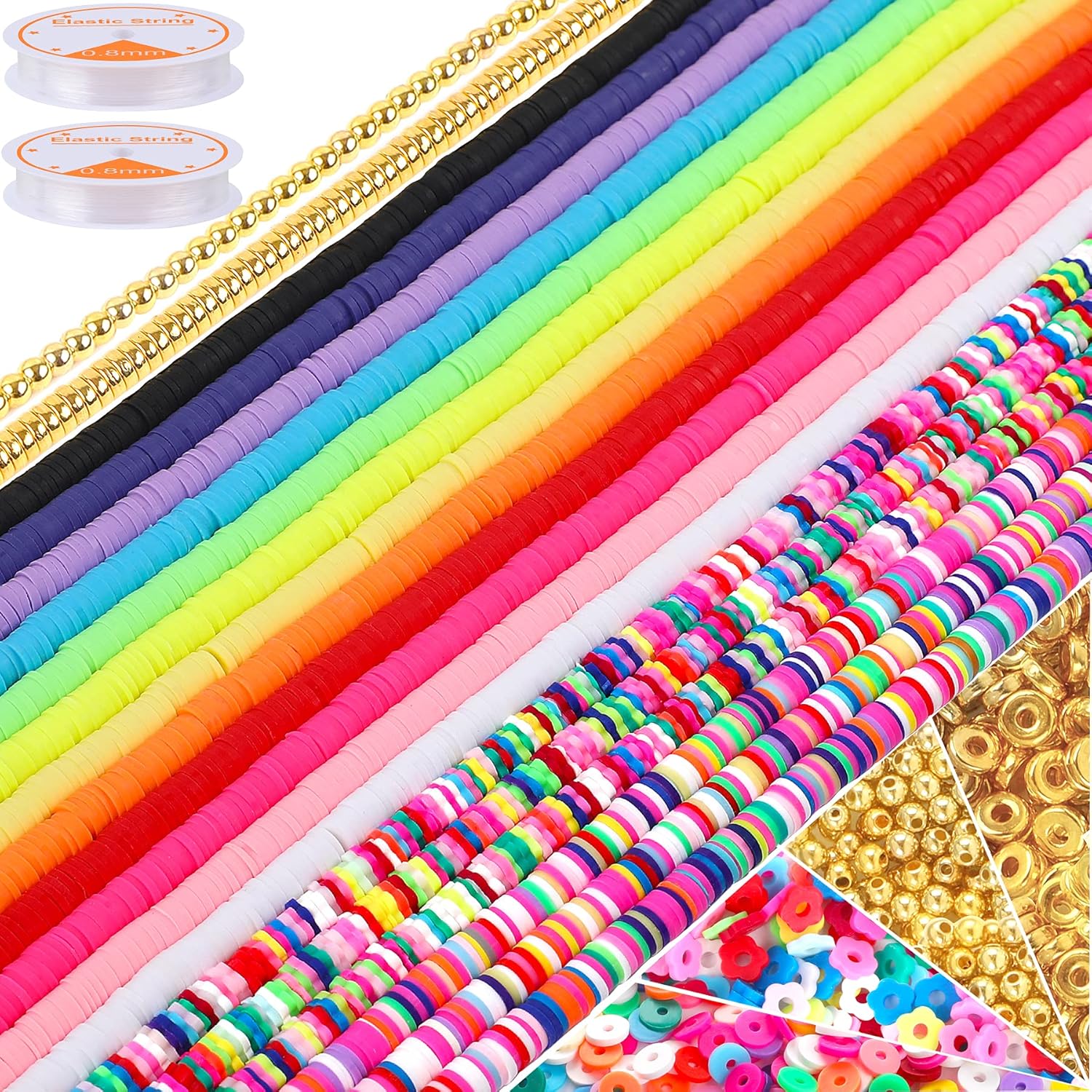 6700PCS Clay Beads for Bracelets Making Gold Flat Beads Colorful Round Flower Shape
