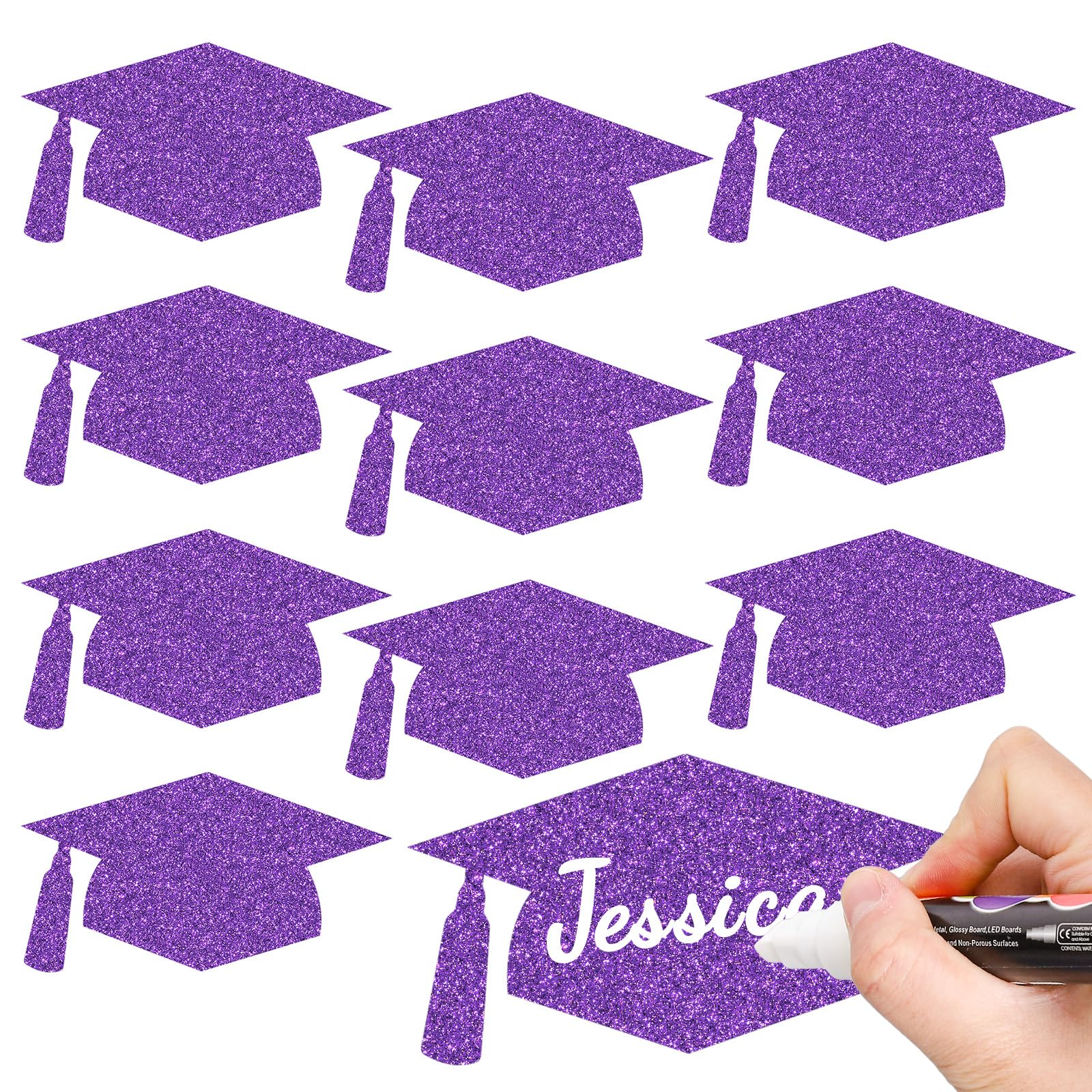 Whaline 50 Pcs Grad Caps Cutouts Glitter Purple Graduation Hat Paper Cutting with 100 Pcs Glue Points Grad Cap with Tassel Shaped Confetti for High
