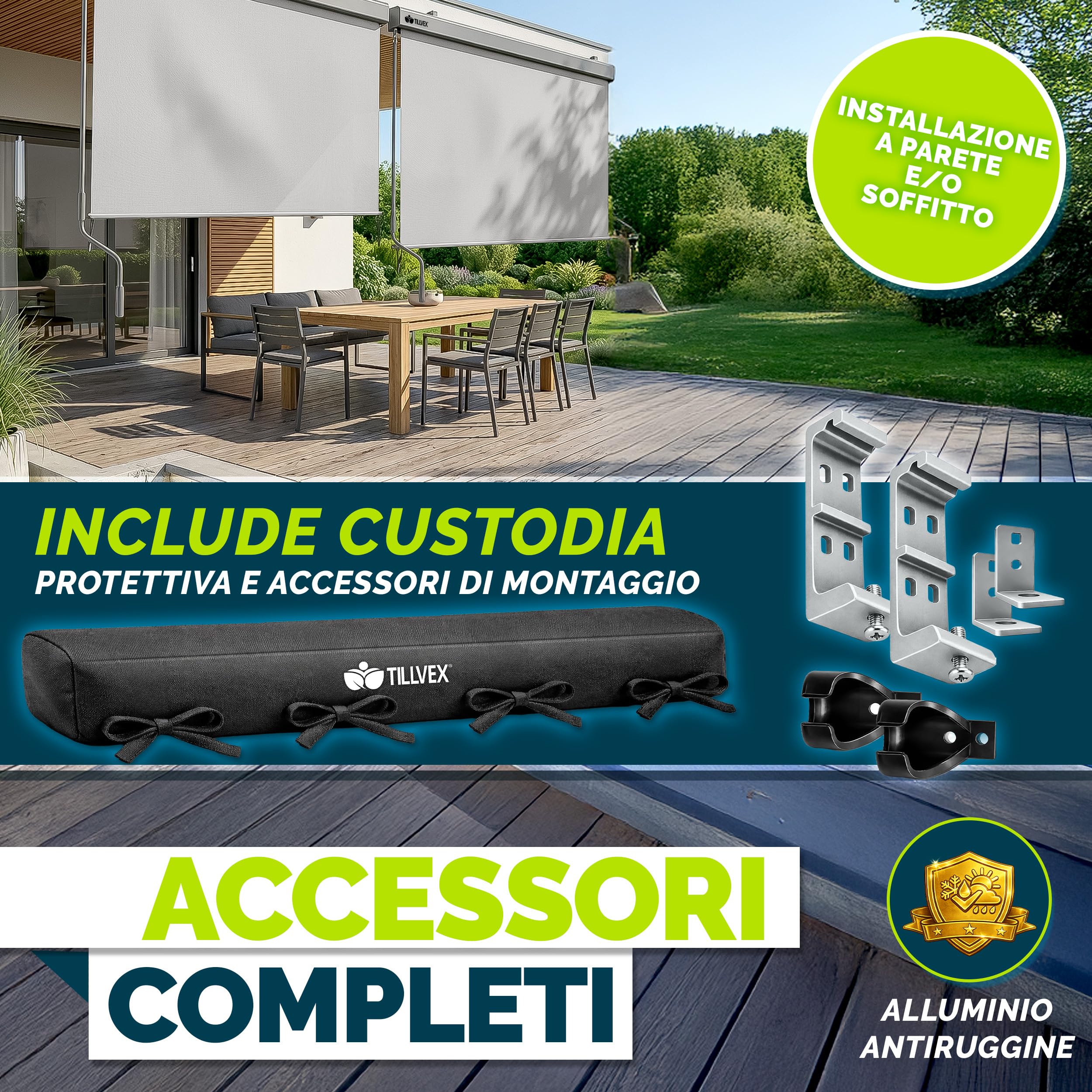 Tillvex Tenda da sole verticale 200 x 250 cm impermeabile con manovola in alluminio per balcone terrazza giardino