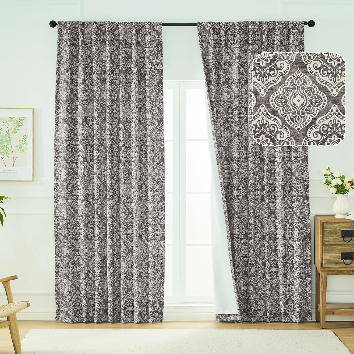 OWENIE Blackout Curtains for Bedroom 96 Inches Long 2 Panels, Thermal Insulated Elegant Printing Double Layer Curtains for Living Room, Rod Pocket Back Tab Room Darkening Drapes, 52Wx96L, Grey