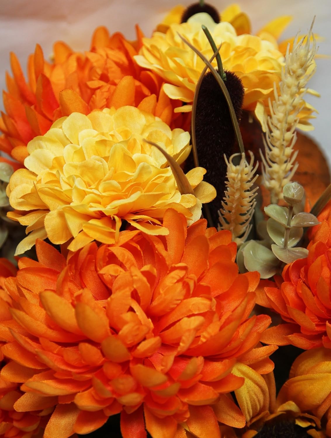 Admired by Nature Artificial Bouquet Bush 18 Stems of Mums, Sunflowers, Zinnia, Foliage (Gold/Orange) - for Fall Home Decor, Weddings, Events, Parties, Thanksgiving, Cemeteries, Funerals
