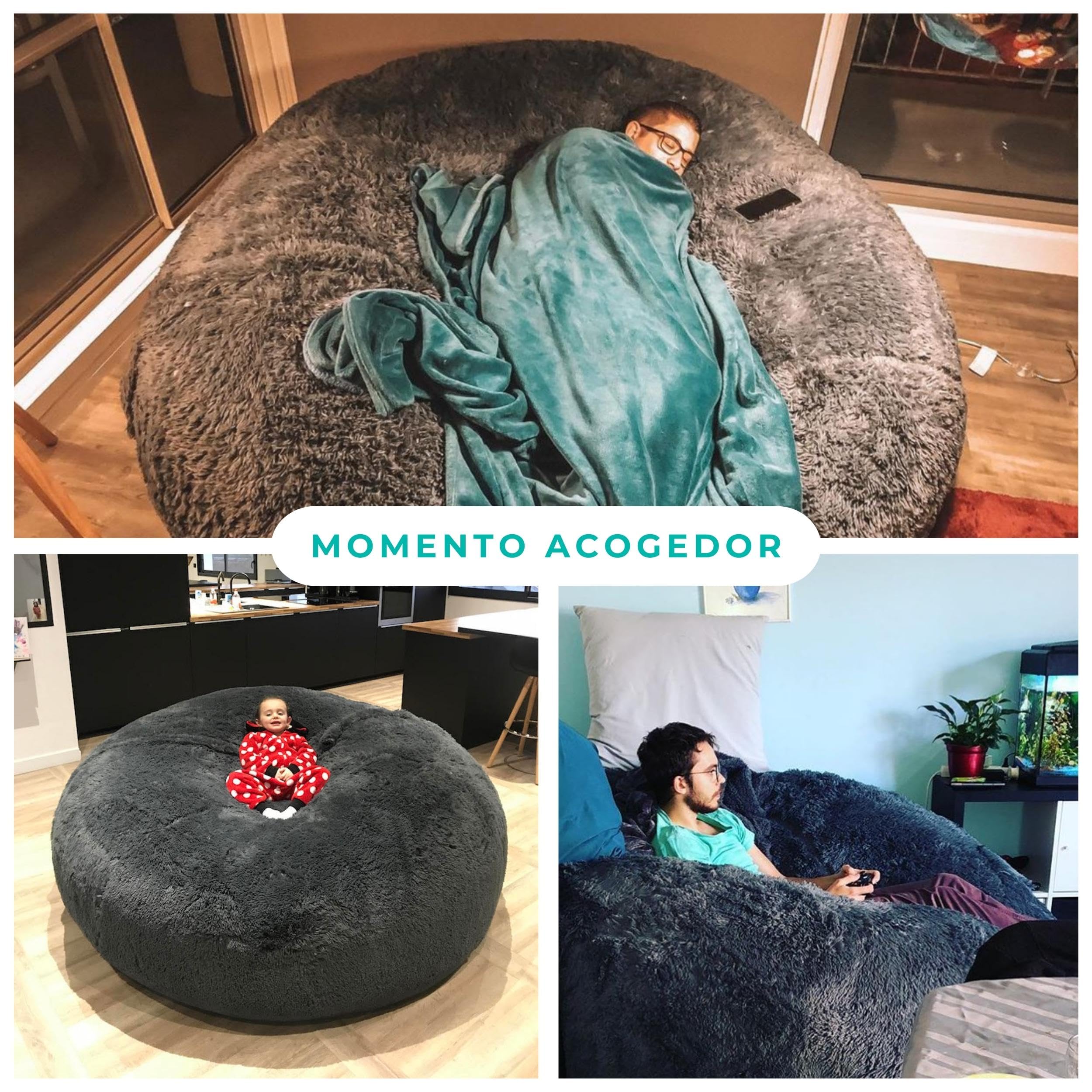 bananair - Puff Gigante de Piel Sintética de Pelo Largo - Extra Suave y Cómodo - Funda Lavable a Máquina - Puff Cama XXL con Relleno de Espuma Incluido (140 cm, Gris)