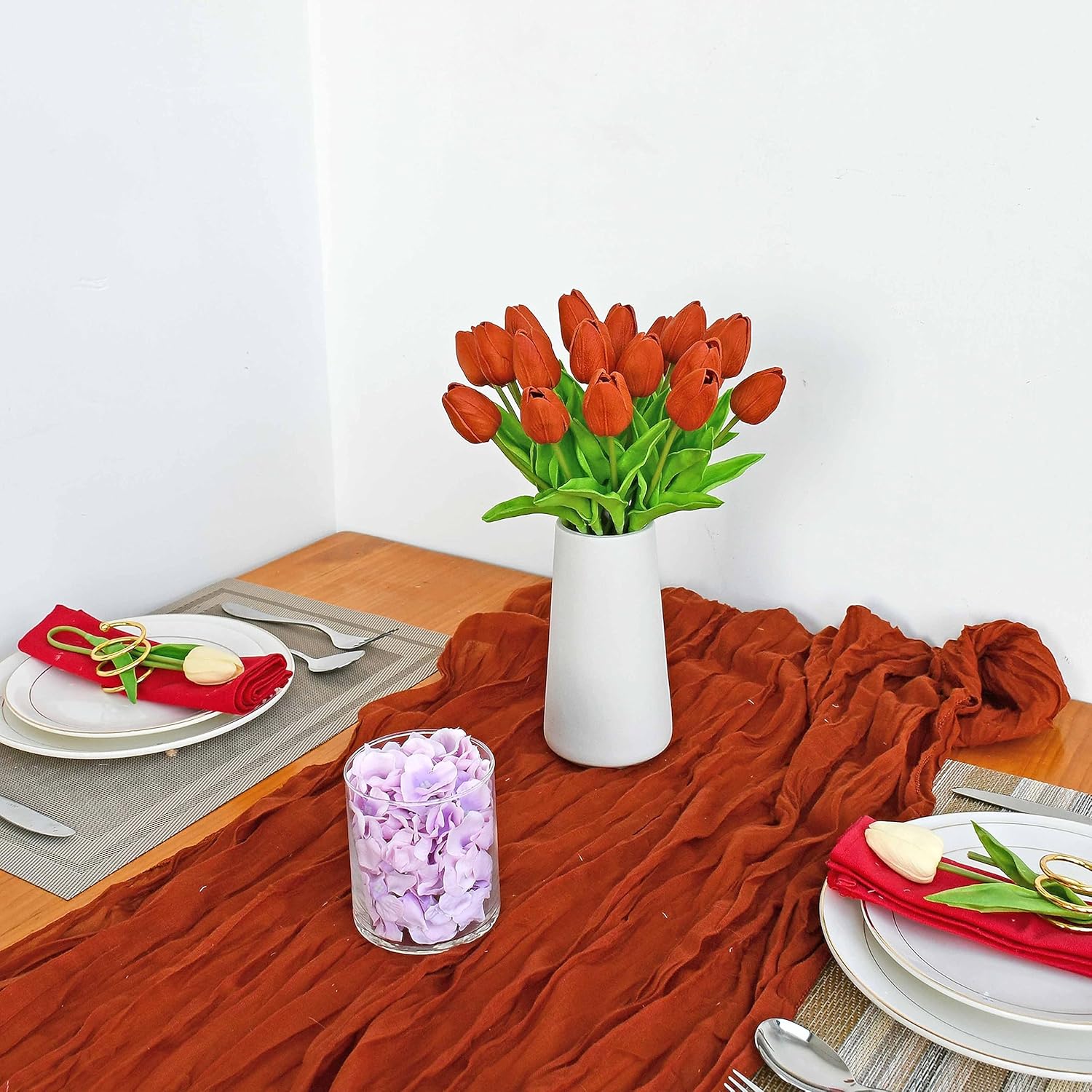 Mandy's Artificial Tulips 20 Stems Dark Orange PU Faux Flowers for Valentine's Day and Easter Decorations Wedding Home Decor 13.5 Inch - Image 3