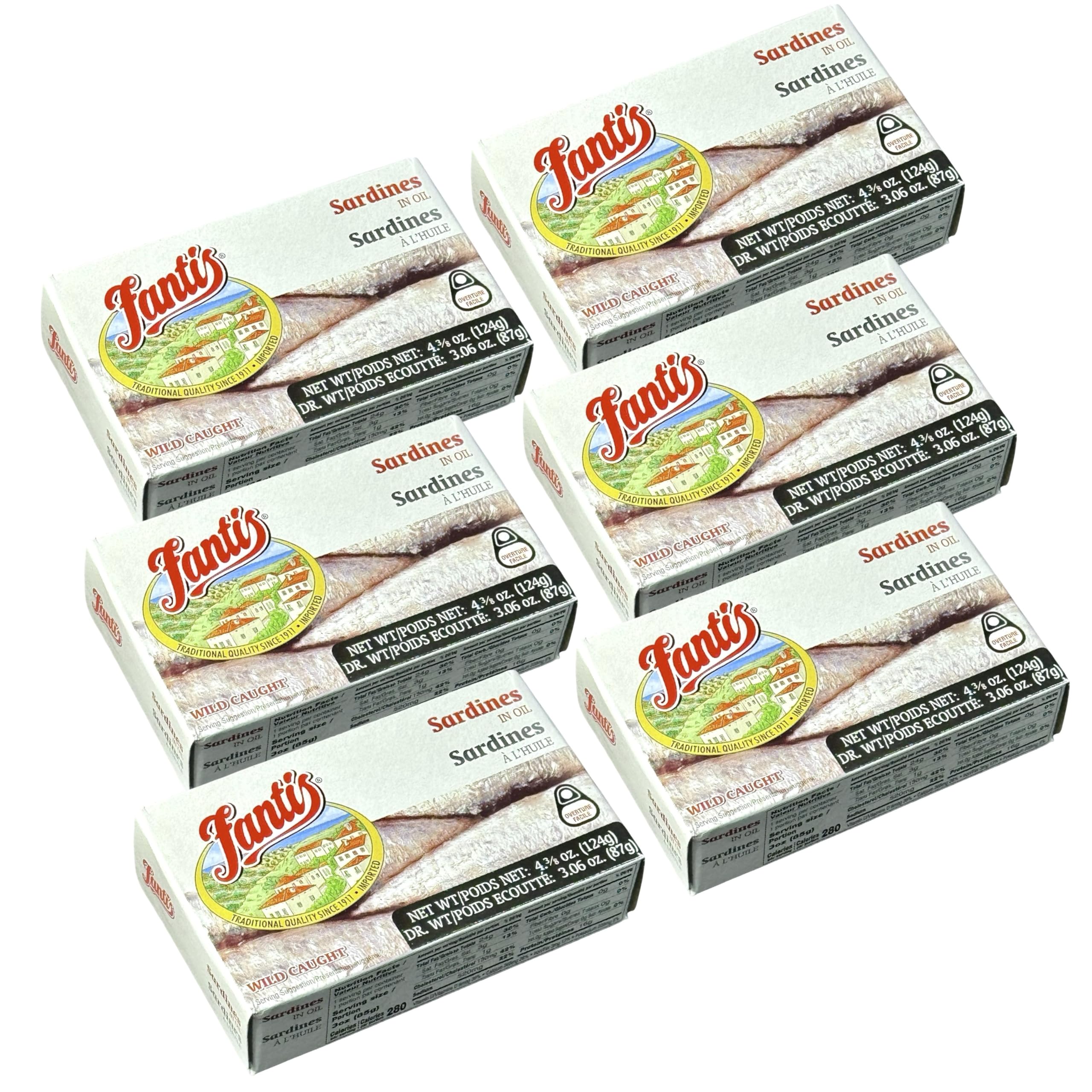 Fantis – Sardines in Oil – Wild-Caught, Premium Quality Spanish Sardines, Keto-Friendly, Ready to Eat, High Protein Seafood Snack, 4.375 oz, Pack of 6