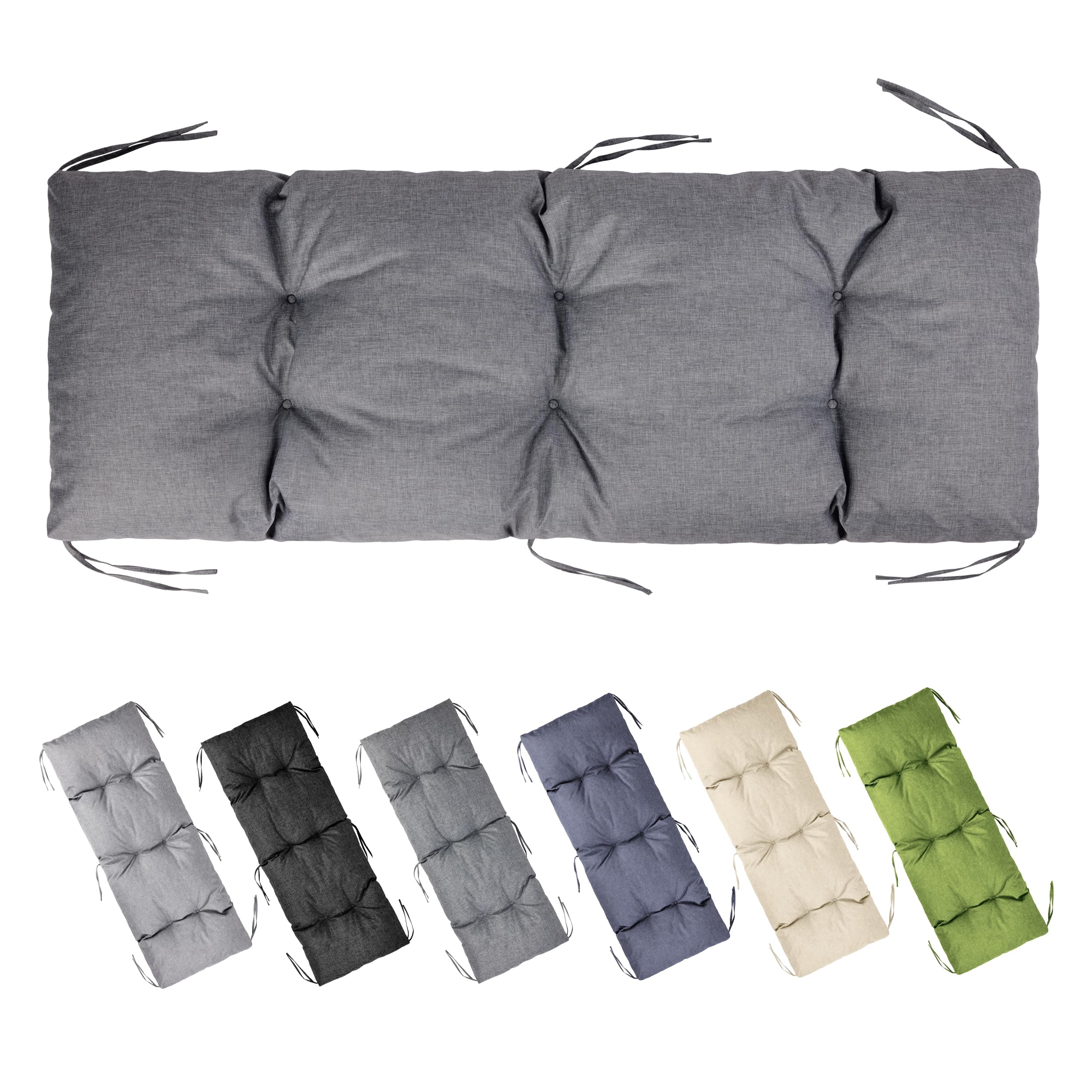 Garronda Cojín Impermeable para Banco 140x50 cm Aprox 10 cm Grosor Asiento Exterior para Banco de jardín y Columpio Acolchado Resistente UV con Cintas Grafito GD-0219