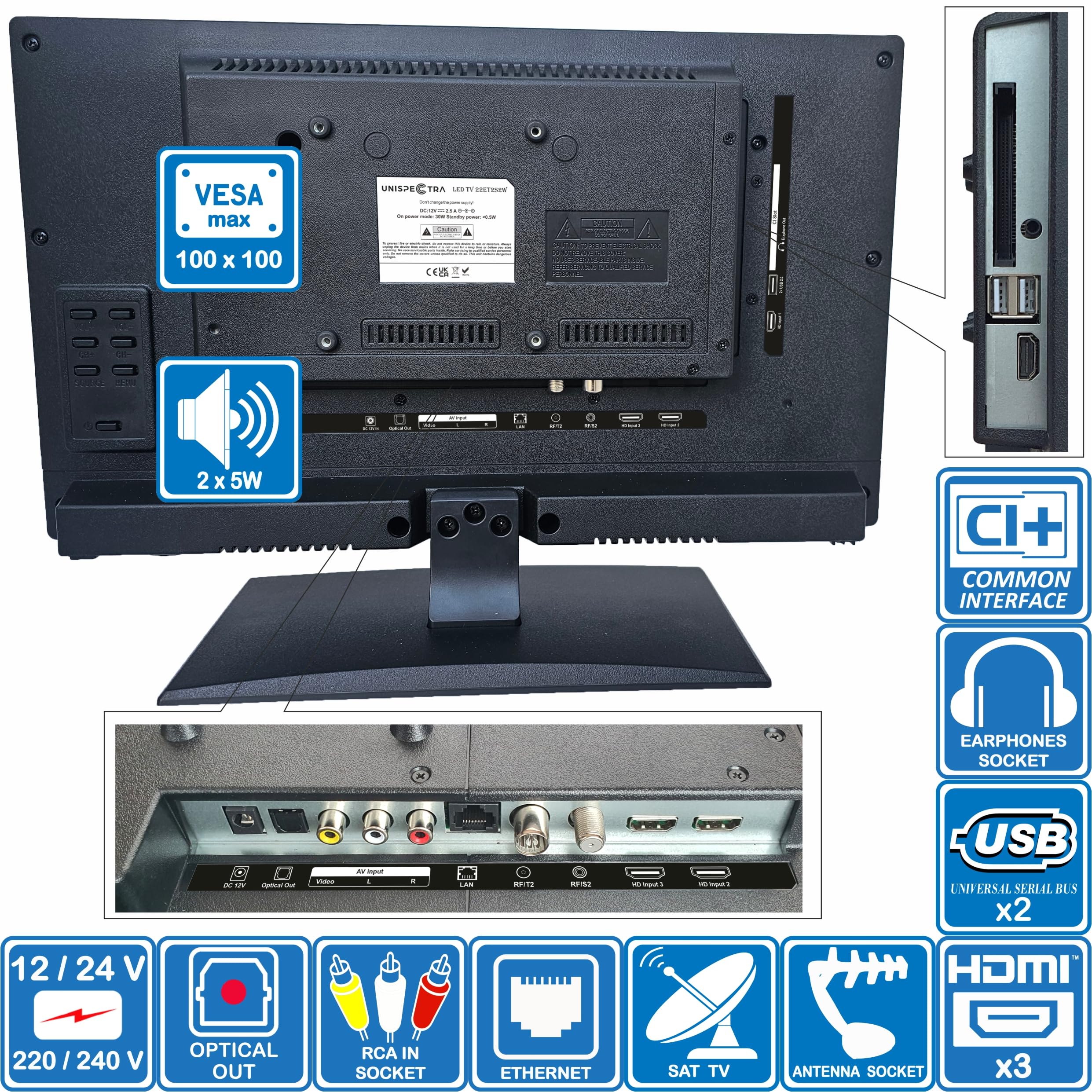 Unispectra ® Smart TV de 22 Pulgadas 12v (webOS) ELED Full HD 240v 24v 12v TV Freeview & Sat sintonizador, 3X HDMI, 2X USB, Magic Remote. Televisores de 12 V para autocaravanas, autocaravanas