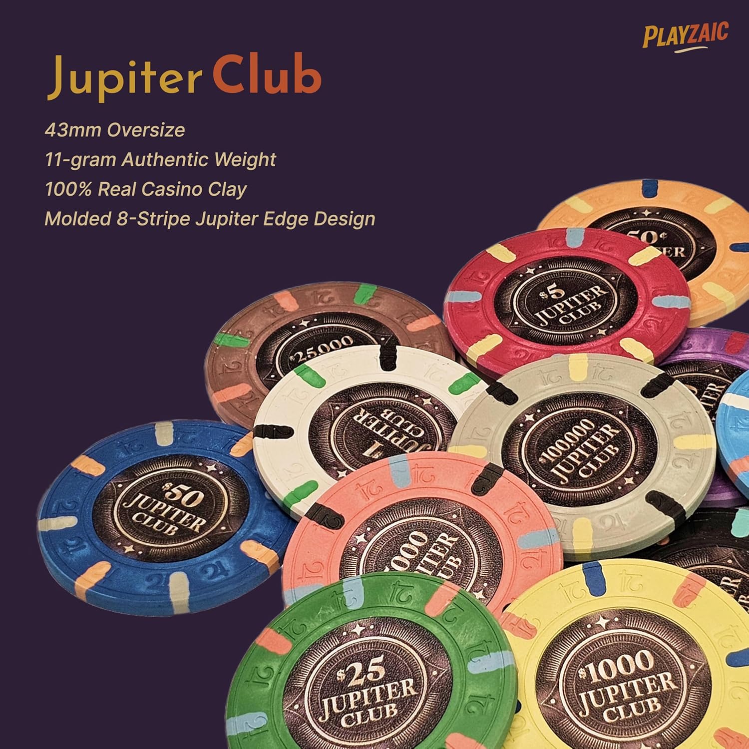 Jupiter Club 43mm Oversize Casino Clay Poker Chips | 11-gram XL Chips | 100% Clay Luxury Feel for Home Cash Games & High Stakes Tournaments | 100 Count (4 Rolls)