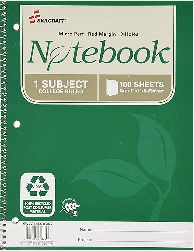 SKILCRAFT 7530–01–600–2025 100% recyclé en toile Single-subject spirale ordinate