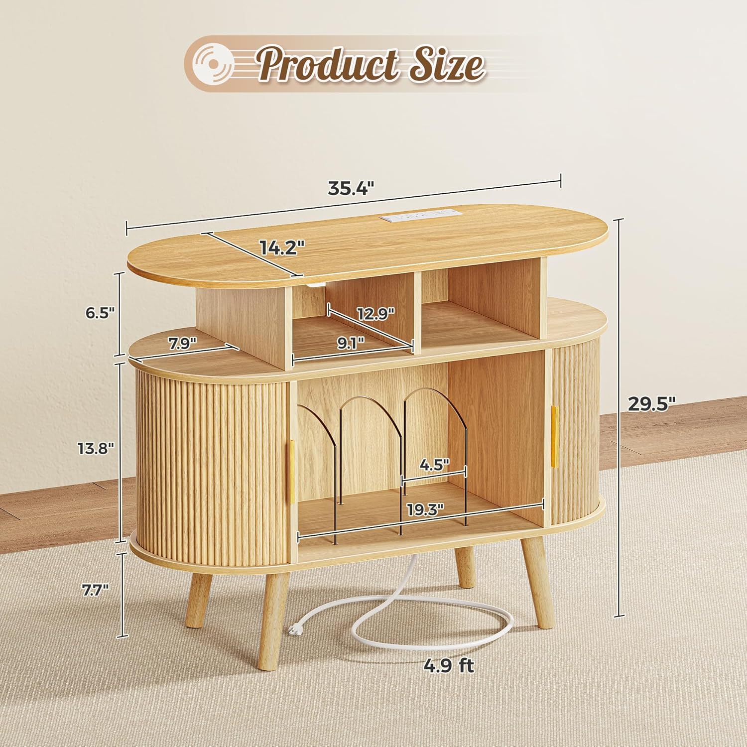 Diagram showing the dimensions of the PRAISUN 35.4 Inch Record Player Stand, including height, width, and depth of various sections.