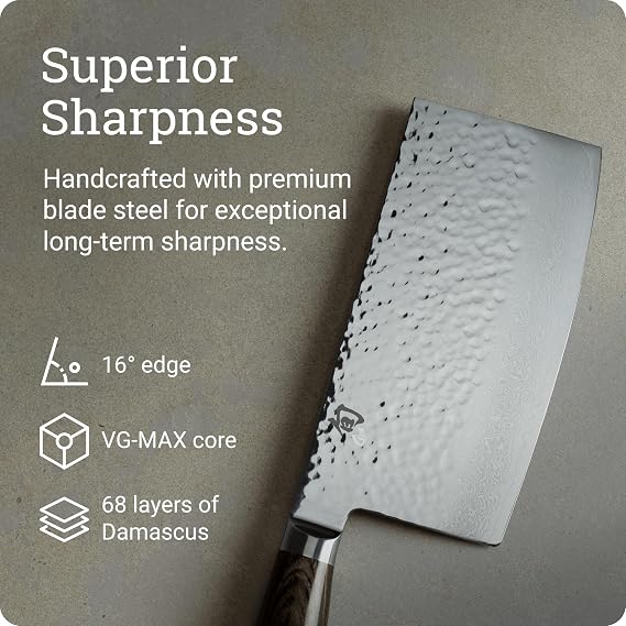 Shun Premier 7 Vegetable Cleaver, Handcrafted Japanese Knife, VG-MAX Core with Damascus Stainless Steel Cladding, Pakkawood Handle, Chinese Cleaver for Processing Large Vegetables | Handcrafted Japanese Knife, VG-MAX Core, Damascus Stainless Steel Cladding, Pakkawood Handle
