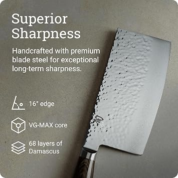 Shun Premier 7 Vegetable Cleaver, Handcrafted Japanese Knife, VG-MAX Core with Damascus Stainless Steel Cladding, Pakkawood Handle, Chinese Cleaver for Processing Large Vegetables | Handcrafted Japanese Knife, VG-MAX Core, Damascus Stainless Steel Cladding, Pakkawood Handle