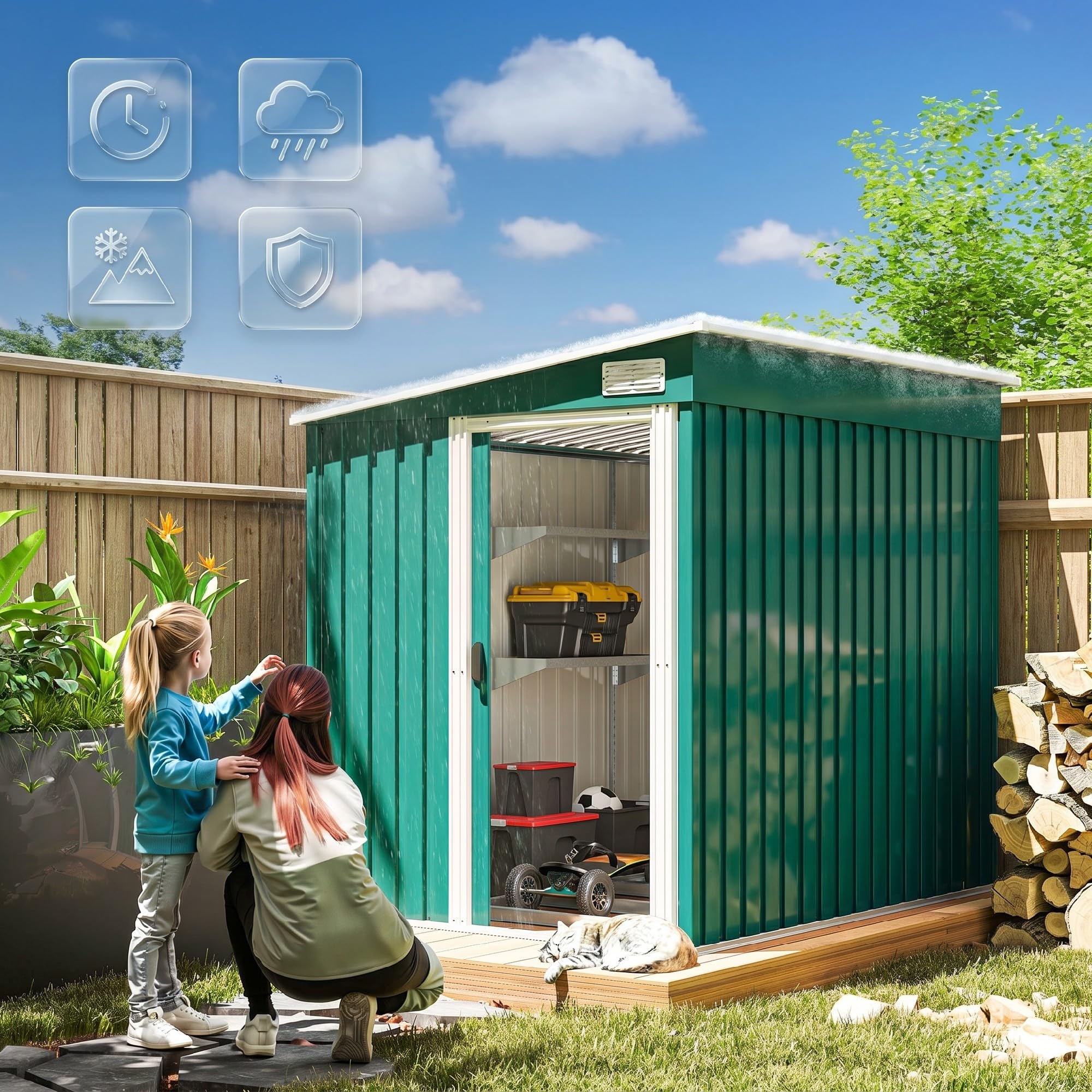 Outsunny Casetta da Giardino 2.81m² Acciaio Zincato Capanno Porta Attrezzi Addossato Porta Scorrevole Tetto Inclinato Verde
