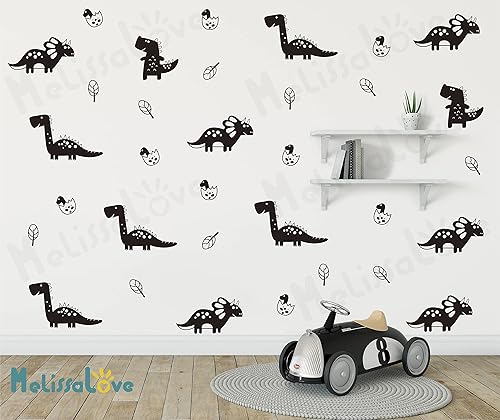 Melissalove JW570 - Calcomanías de pared de dinosaurios para decoración de pared de niños, 52 unidades, color negro