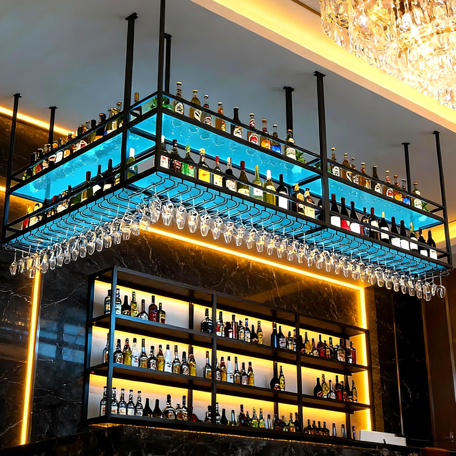 31.4IN Ceiling Wine Glass Rack, Hanging Wine Rack with Acrylic Transparent Shelves and LED Lights, Modern Multi Use Hanging Liquor Display Shelf for Bar, Kitchen Decoration (31.4in/80cm)