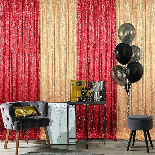 Miniatura 5 de Tatuo 4 paneles de cortina de fondo de lentejuelas de oro rojo de 2 x 8 pies, fondo brillante para fotografía de fiesta, felicitaciones, graduación,