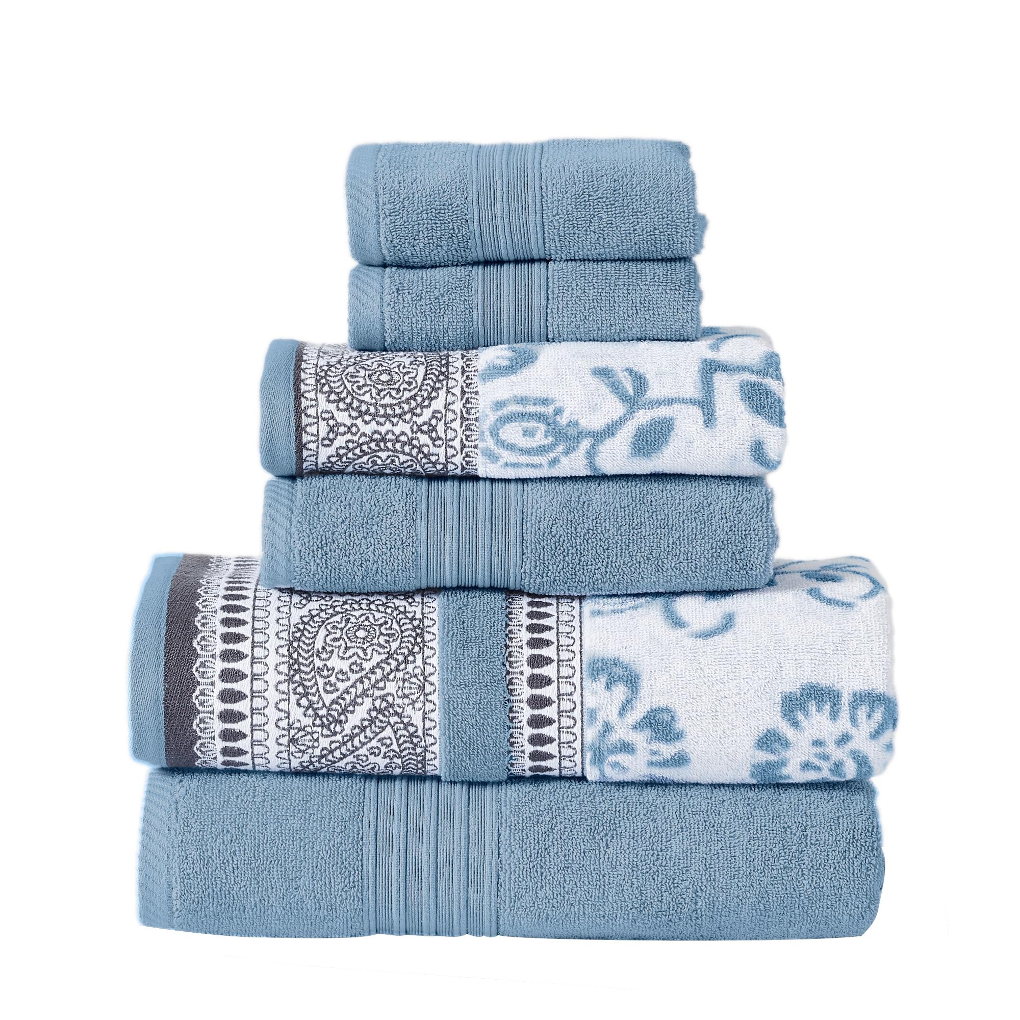 Modern Threads 6 Piece Set, 2 Bath Towels, 2 Hand Towels, 2 Washcloths Yarn Dyed Jacquard/Solid Towel Set Ophelia Blue