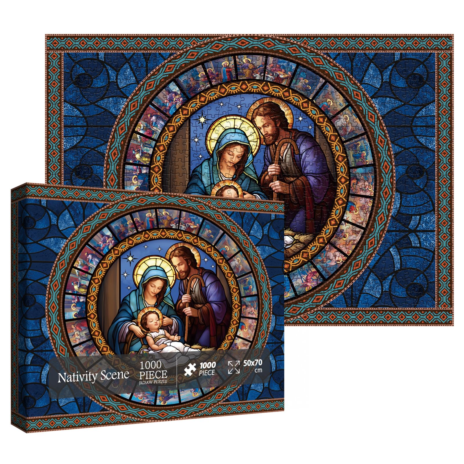 Stained Glass Nativity Scene Puzzle for Adults 1000 Pieces, Christian Art Jesus Jigsaw Puzzles, Religious Cross Puzzle as Home Decor